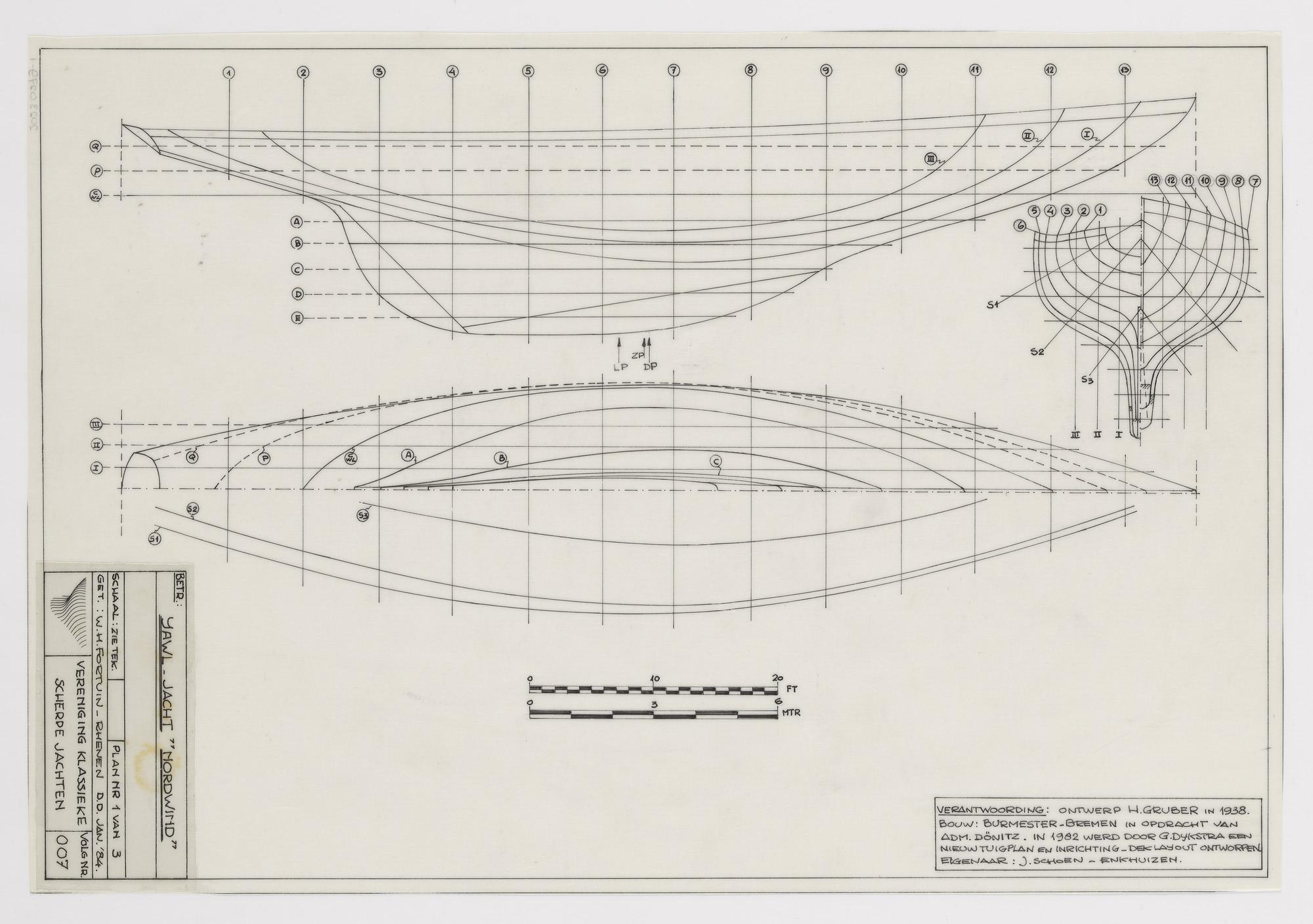 2023.0279-1; Technische tekening van yawl zeiljacht Nordwind; technische tekening
