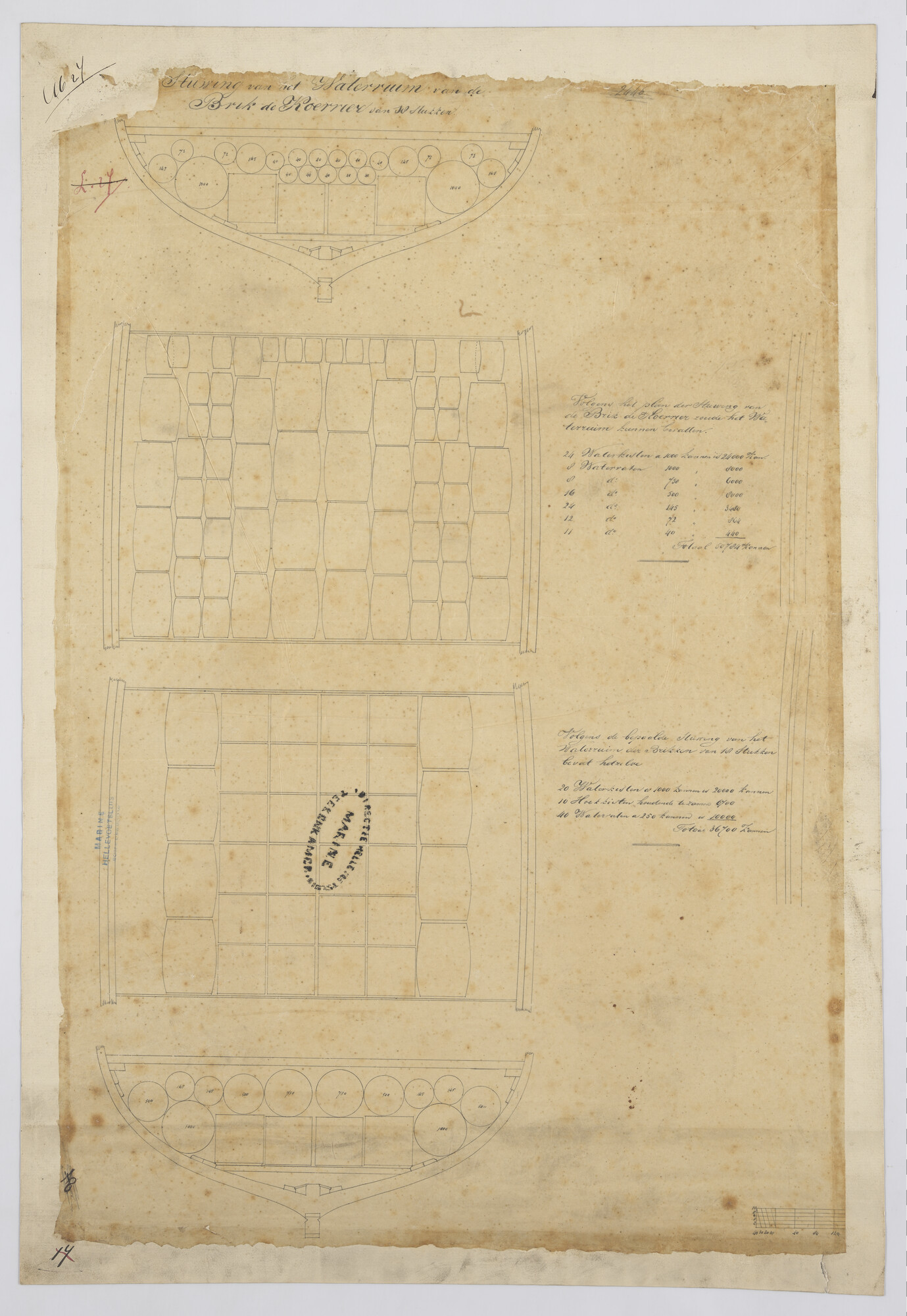 S.1214(0189); Indelingsplan van het waterruim van de brik Zr.Ms. 'Koerier' van 18 stukken; technische tekening