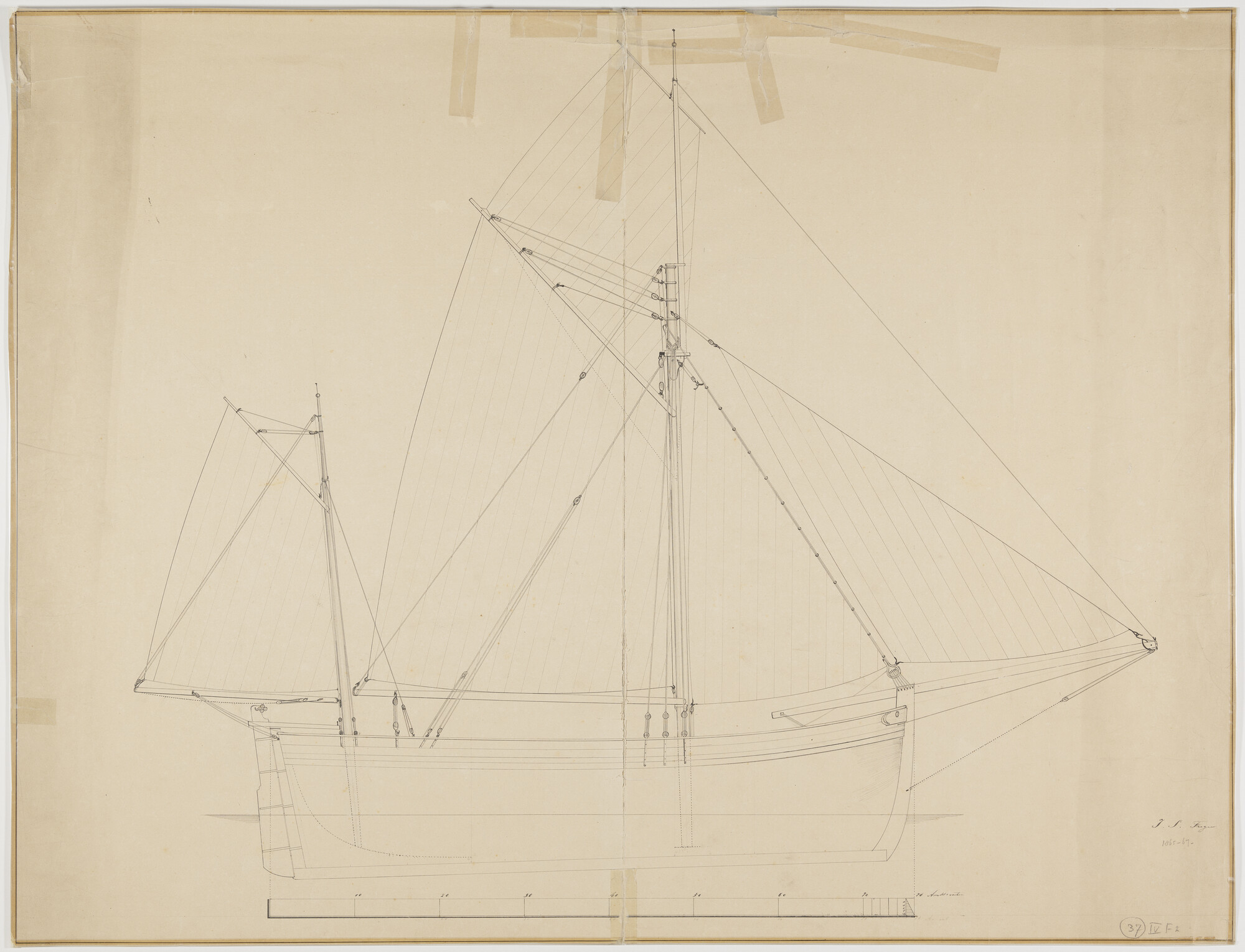 S.0545; Zijaanzicht, zeilplan, kottertuig met druilmast; technische tekening