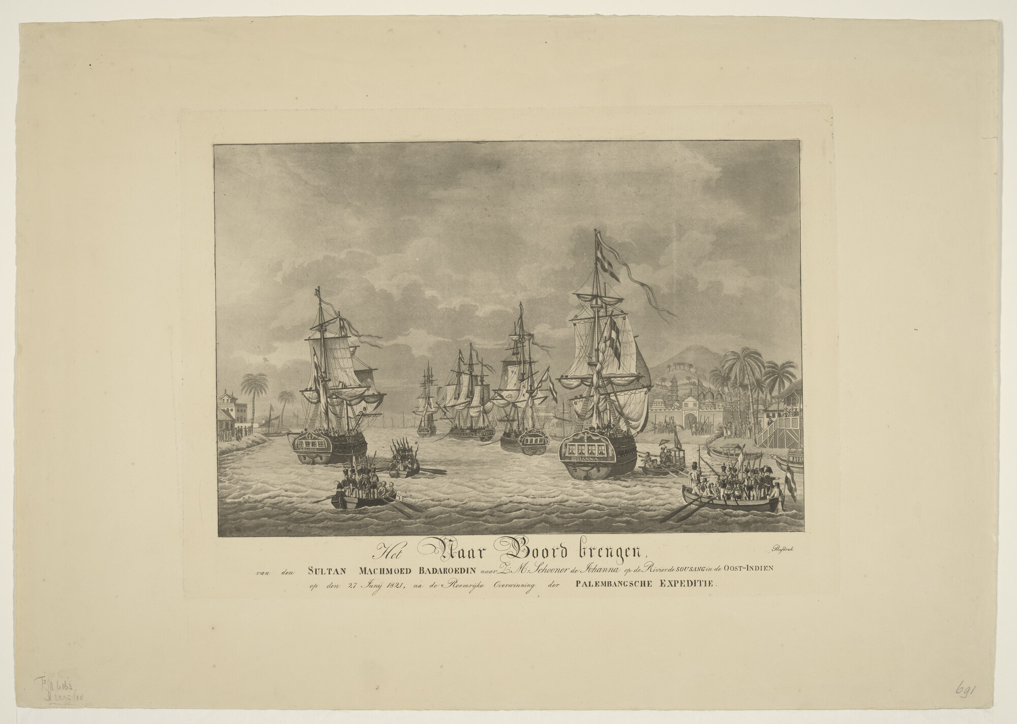 A.2275(11); Het aan boord brengen van de sultan Machmoed Badaroedin naar Zr.Ms. schoener; prent
