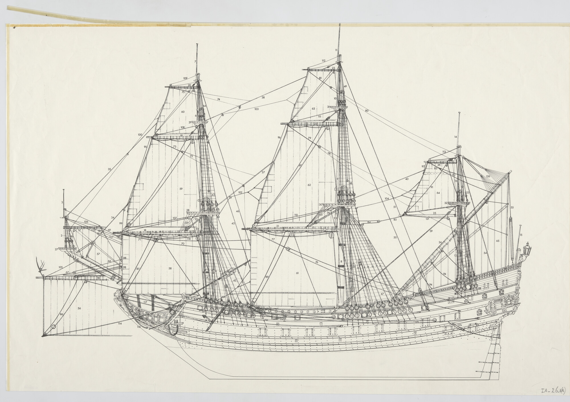 A.5580(01); Reconstructie tekeningen 'Prins Willem': ZZ, dwarsdoorsnede, tuig en rondhout; technische tekening