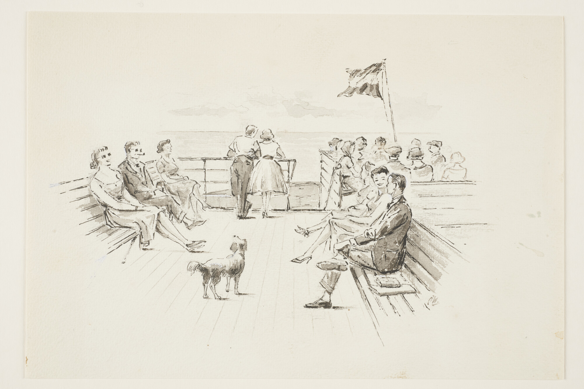 A.5290(12); Het zonnedek van het veerschip ms. Koningin Wilhelmina van de SMZ; tekening