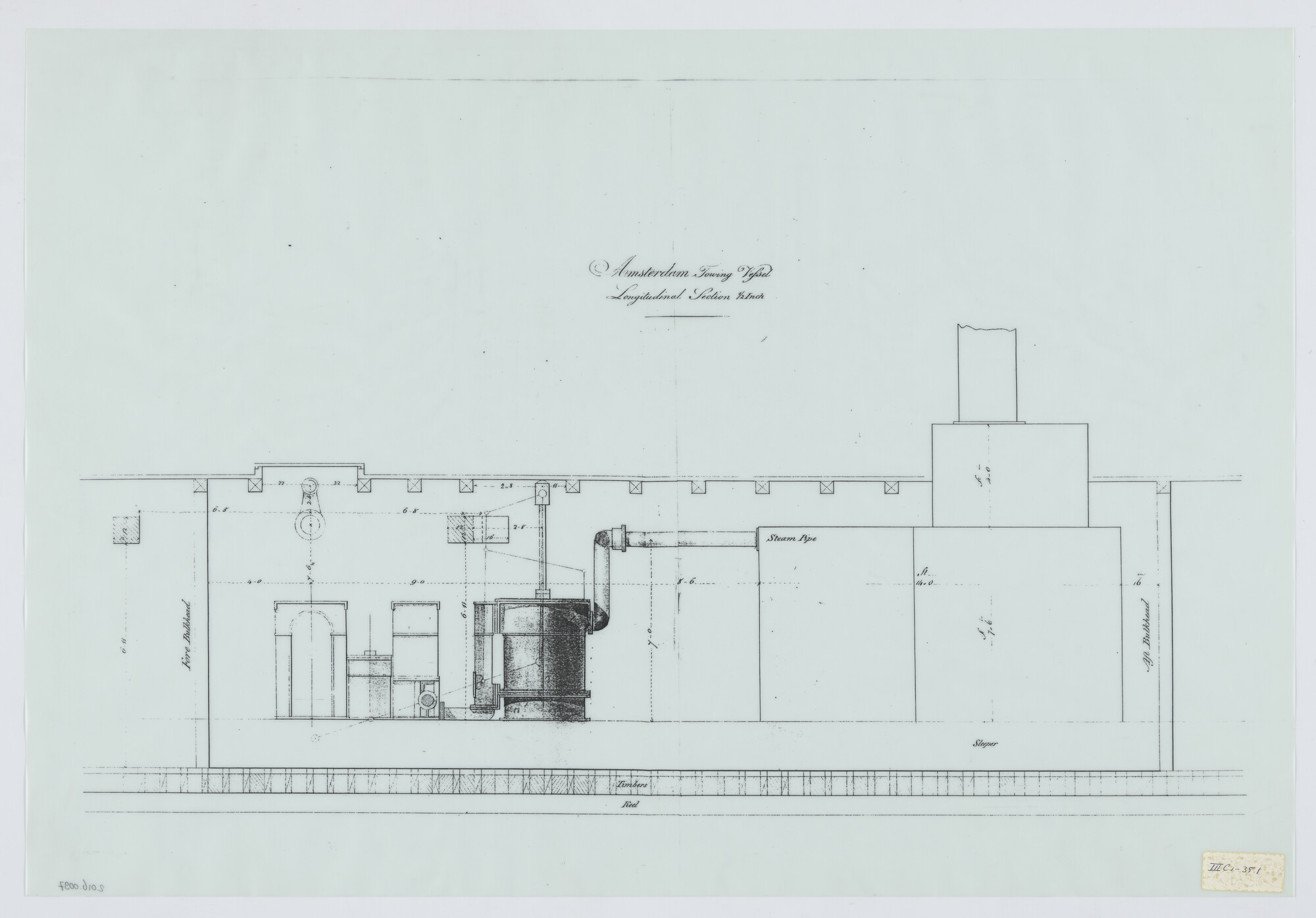 2016.0097; Zijaanzicht machine en ketel van de radersleepboot Noord-Holland; technische tekening