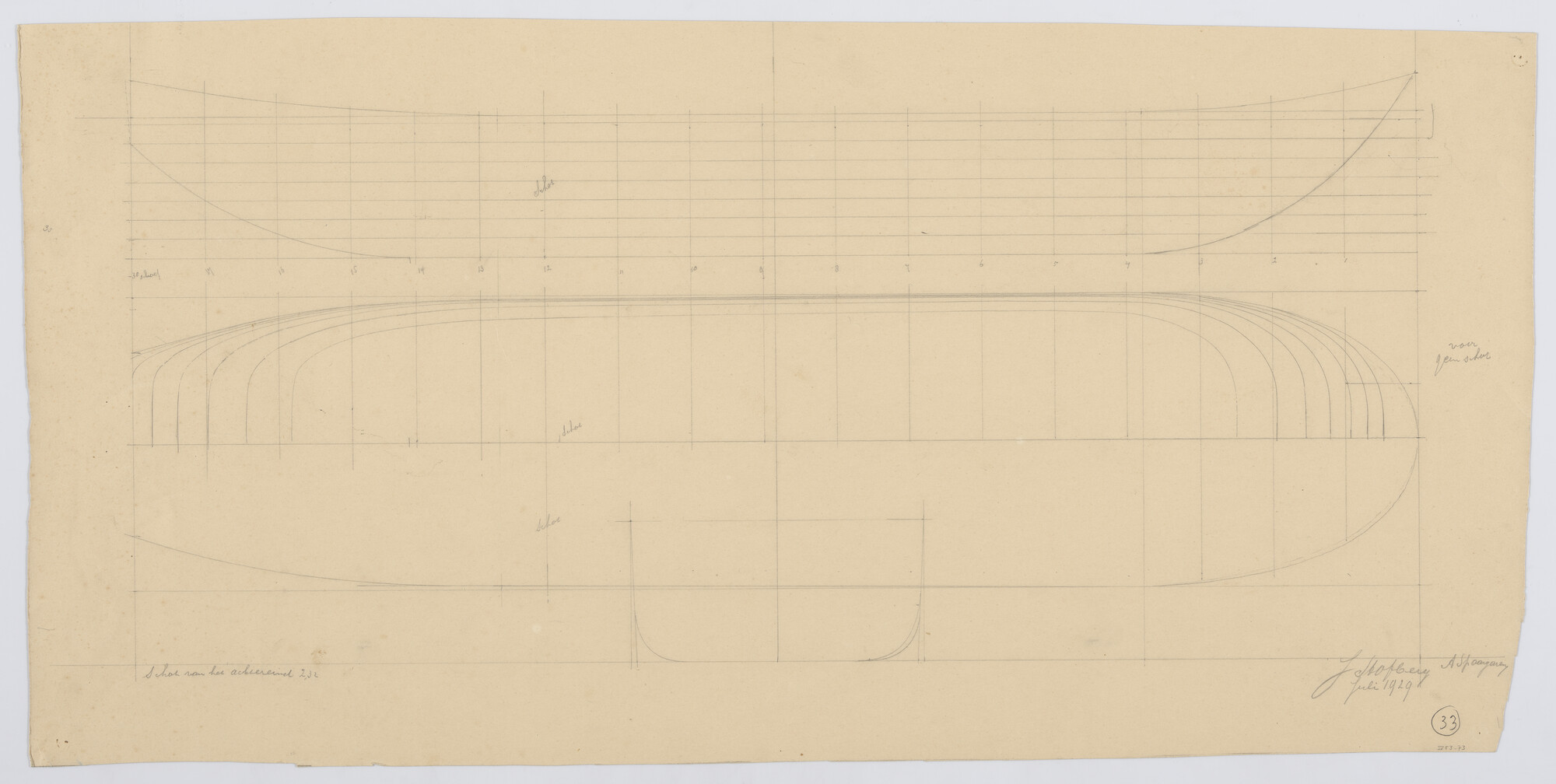 S.1225(03)32; Lijnenplan van een vlet of kagenaar, juli 1929; technische tekening