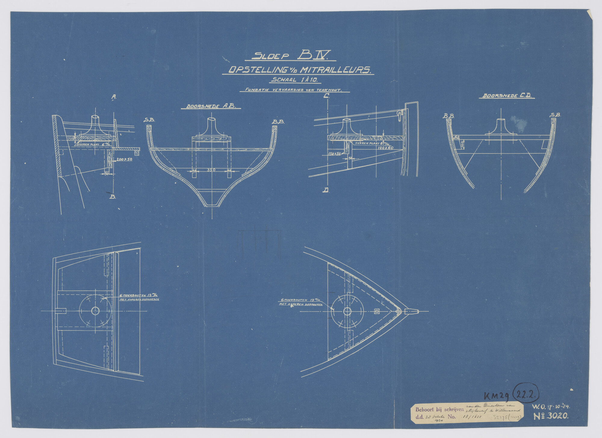 S.2175(4429); Opstelling mitrailleurs in de sloep B4; technische tekening