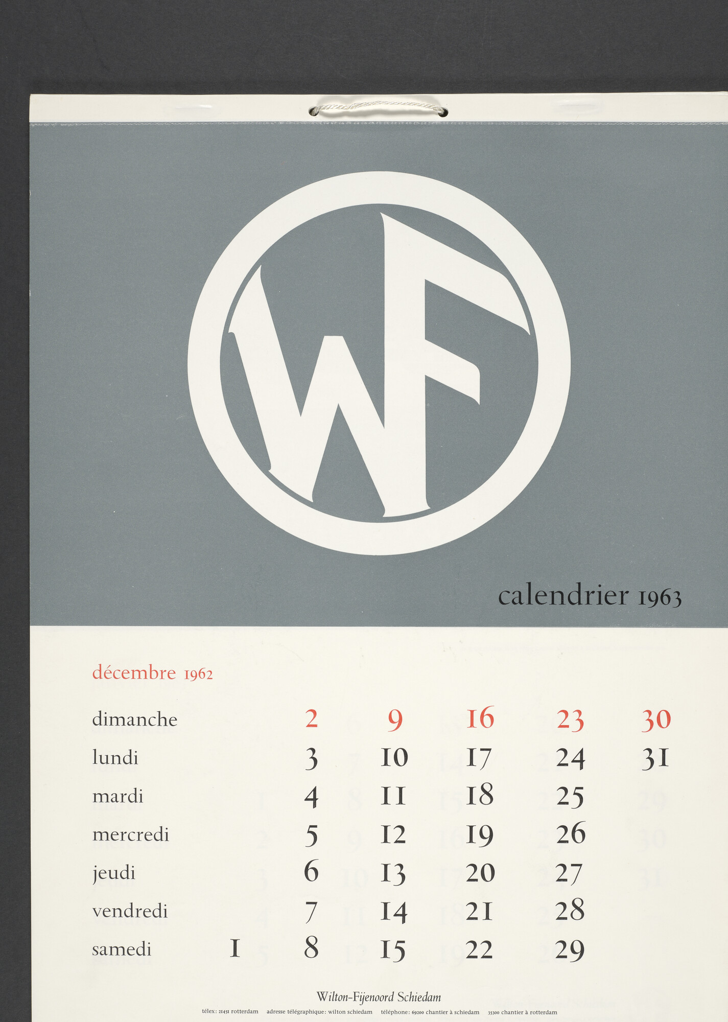 1993.0229; Kalender van de werf Dok en Werf Maatschappij Wilton-Fijenoord te Schiedam voor het jaar 1963; kalender