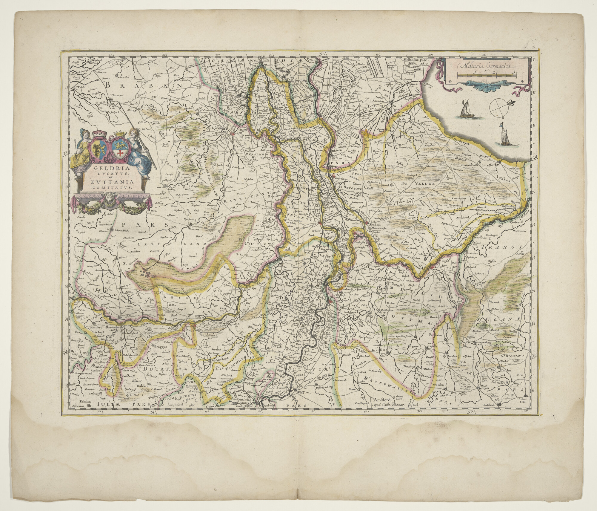 B.0216(0262); Met de hand gekleurde kaart van het hertogdom Gelderland en het graafschap Zutphen door Willem Jansz. Blaeu; landkaart