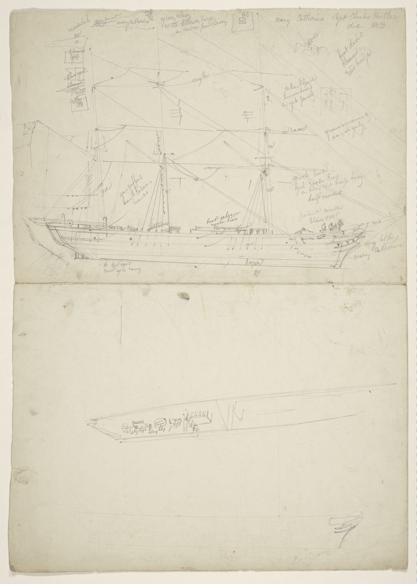 S.3107(07)136; Schets van een klein zeilschip met de naam 'Caroline' in de wimpel; tekening