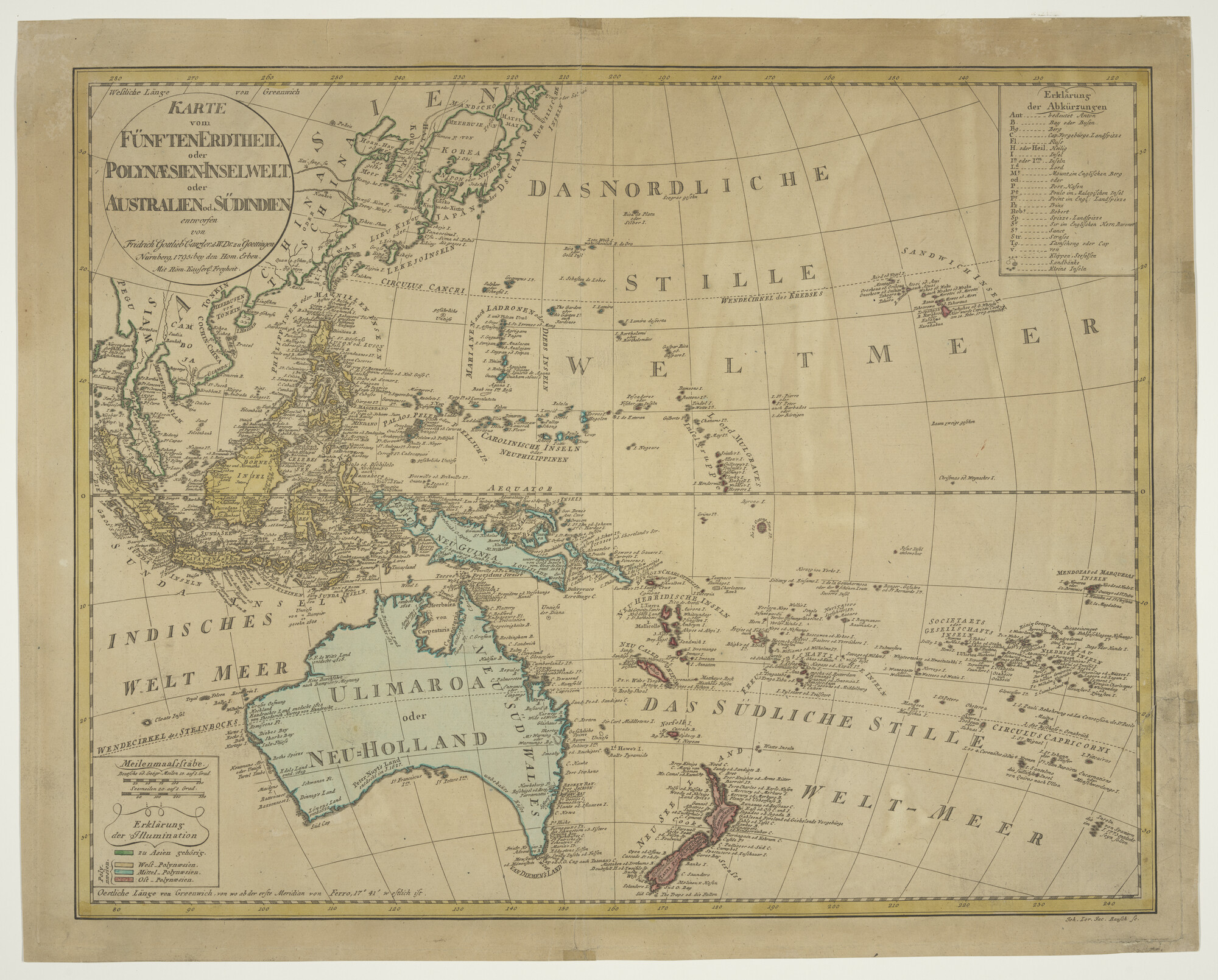 A.0145(211)184; Met de hand gekleurde kaart van Australië en het zuidwestelijk deel van de Stille Oceaan; landkaart