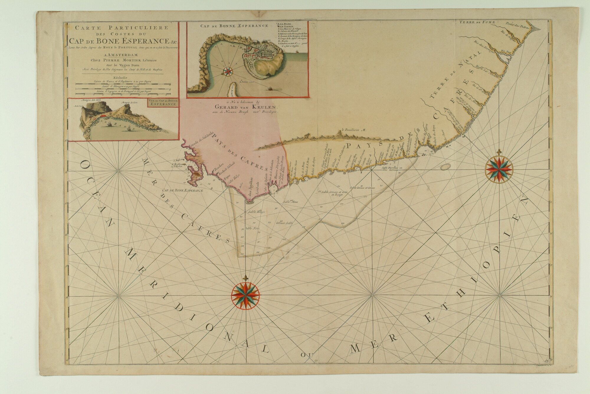 A.0145(202)06; Met de hand gekleurde zeekaart van de omgeving van Kaap de Goede Hoop; zeekaart