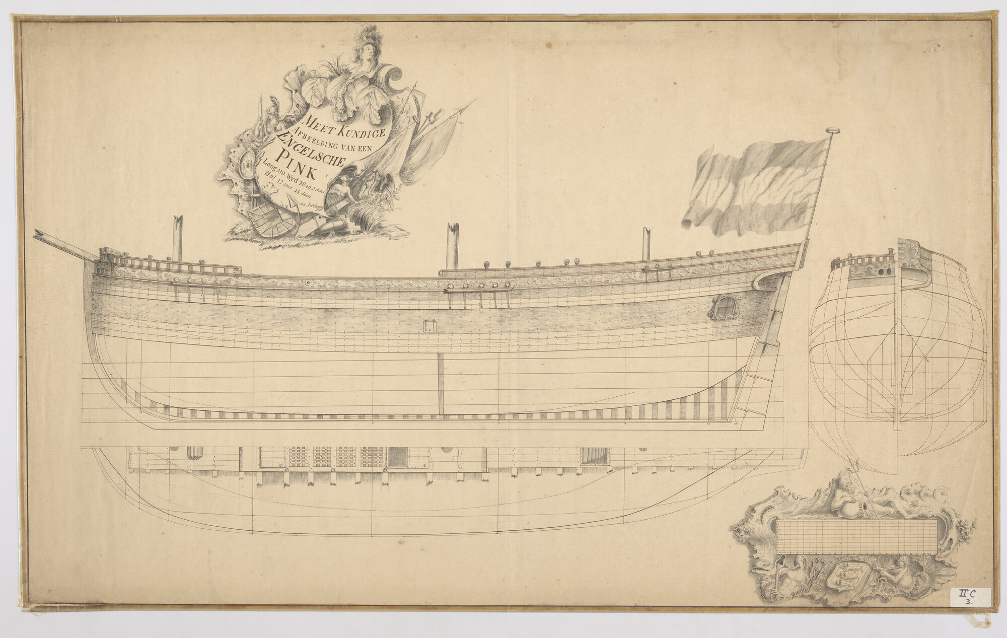 A.0132(02)20; Algemeen plan en lijnenplan van een Engelse Pink, 1764; technische tekening