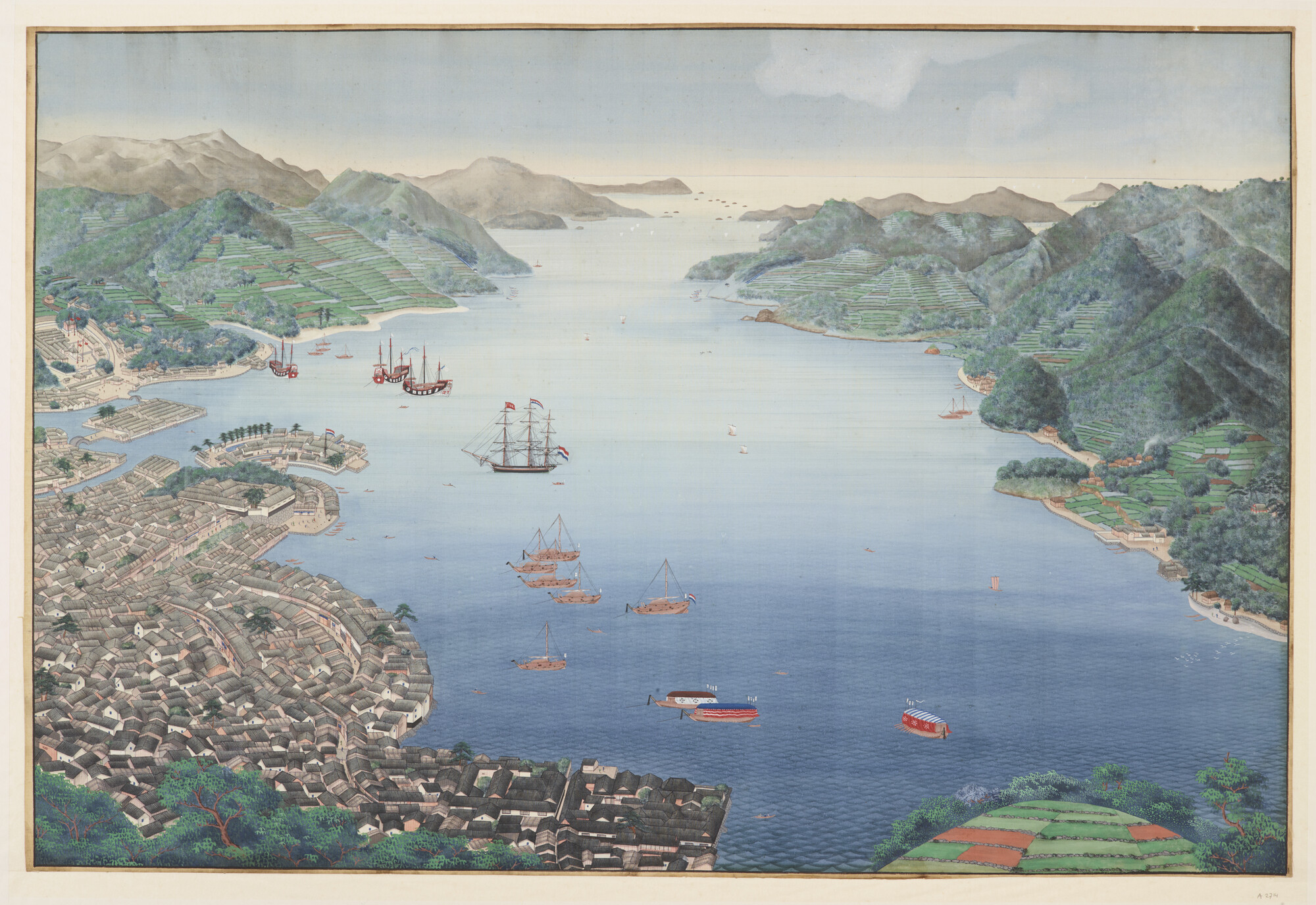 A.2714; De baai van Nagasaki met het eiland Deshima; tekening