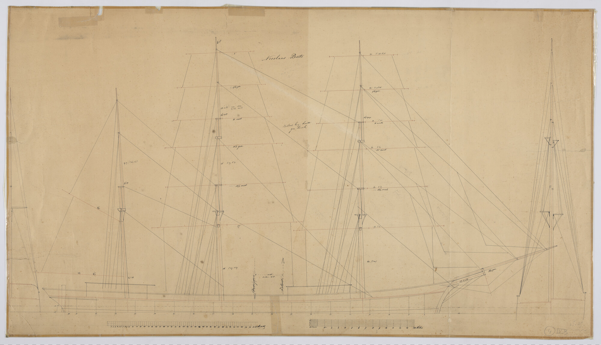 S.0027(036); Zijaanzicht met zeilplan van het barkschip 'Nicolaas Beets'; technische tekening
