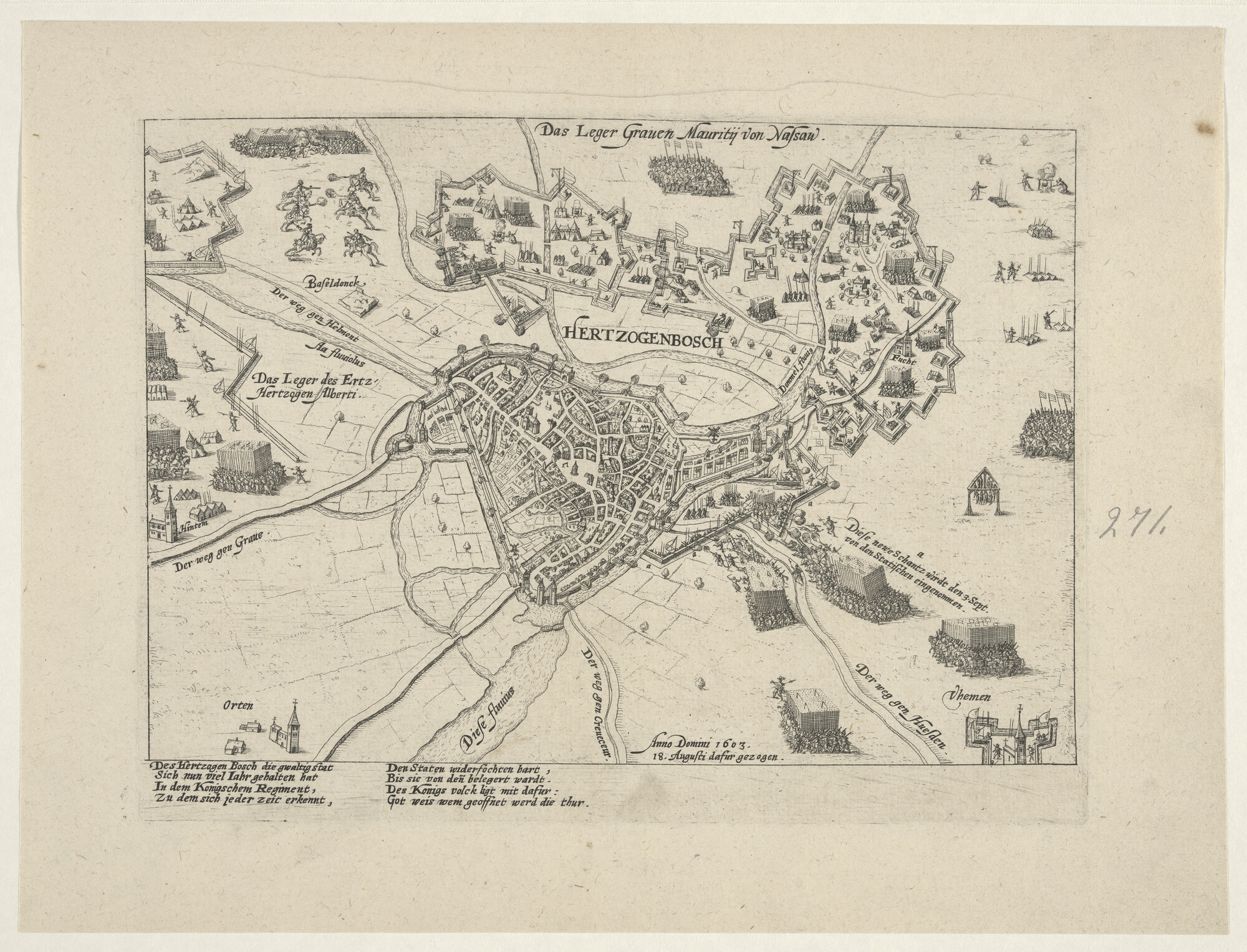 A.0145(027)344; 's-Hertogenbosch wederom door prins Maurits belegerd, 18 augustus 1603; prent