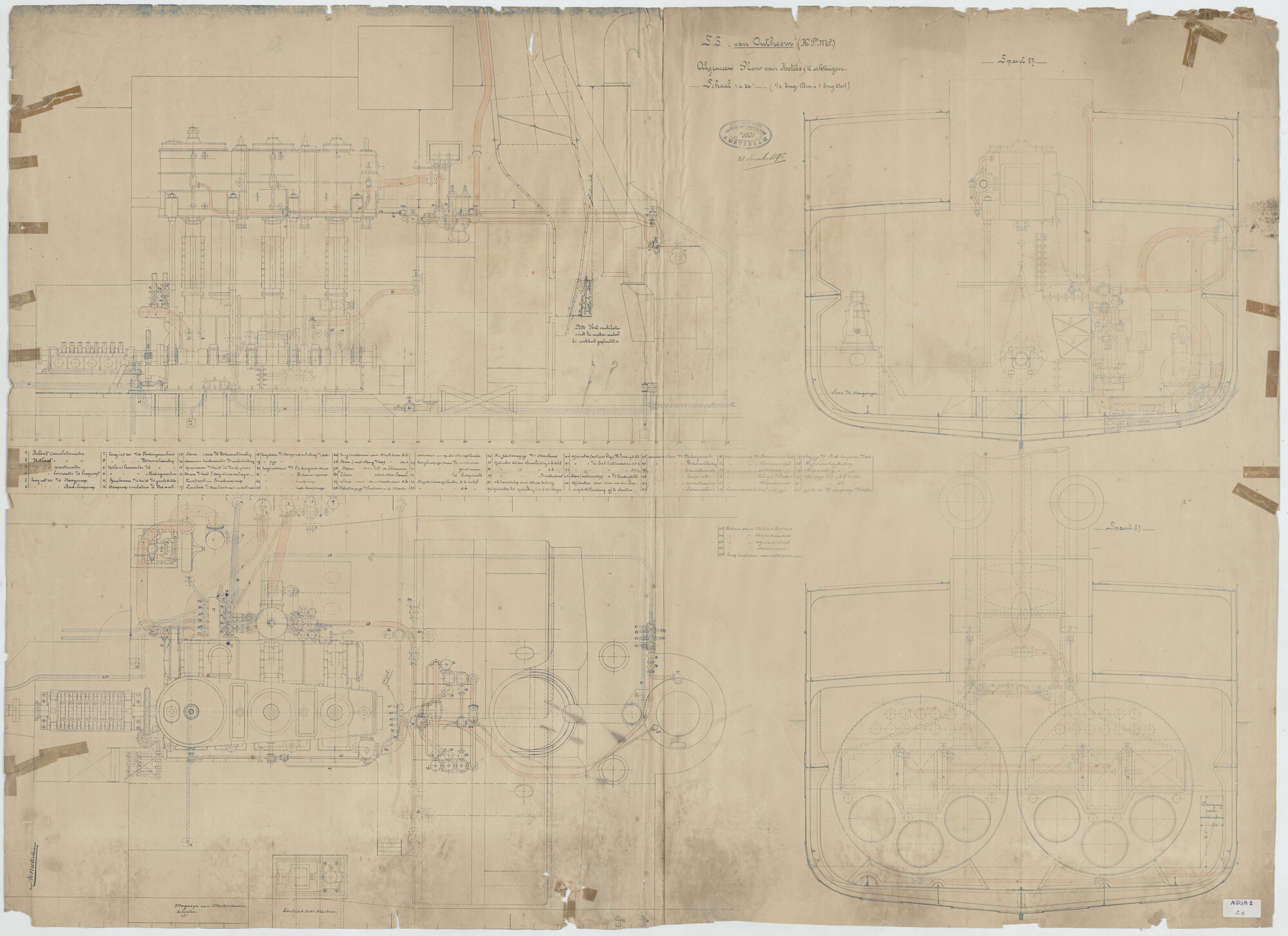 S.5444(002.09); Algemeen plan, machinekamer en ketelruim van het vracht- en passagiersschip [...]; technische tekening