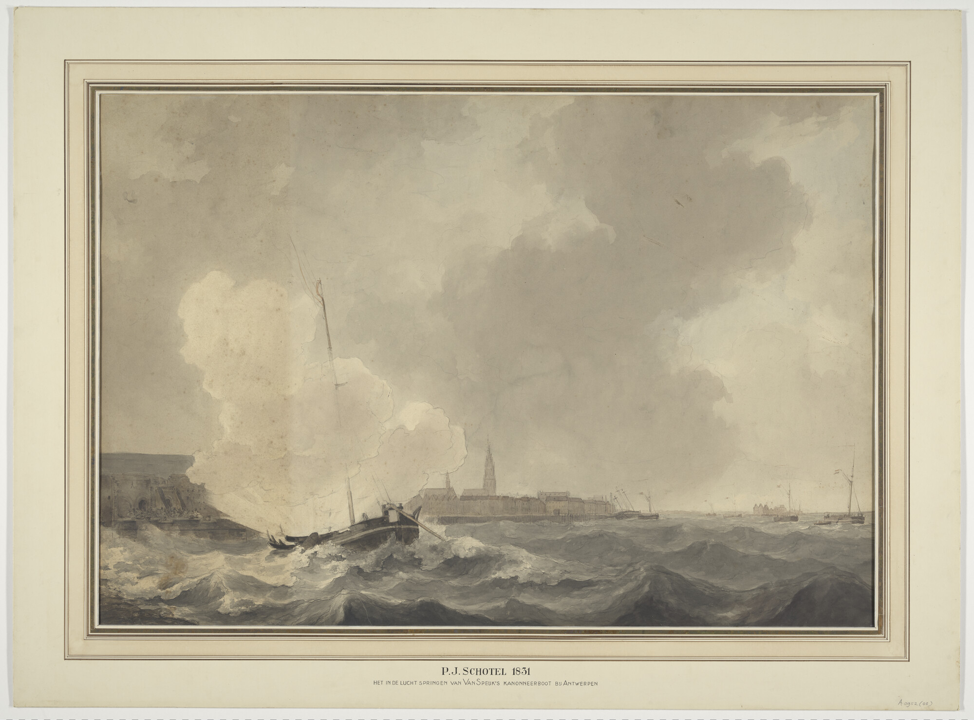 A.0952(03); Het in de lucht vliegen van de kanonneerboot van luitenant ter zee J.C. van Speyk op de rede van Antwerpen; tekening