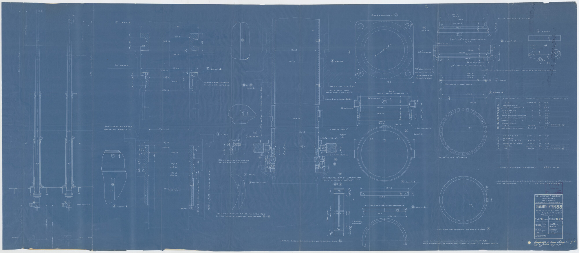 S.2175(3800); Algemeen plan voor de periscoop van de onderzeeboot type H.2001 waarnaar  de onderzeeboten Hr.Ms. 'O 6' en Hr.Ms. 'O 7' zijn ontworpen (ontwerp Hr.Ms. 'O 7').; technische tekening