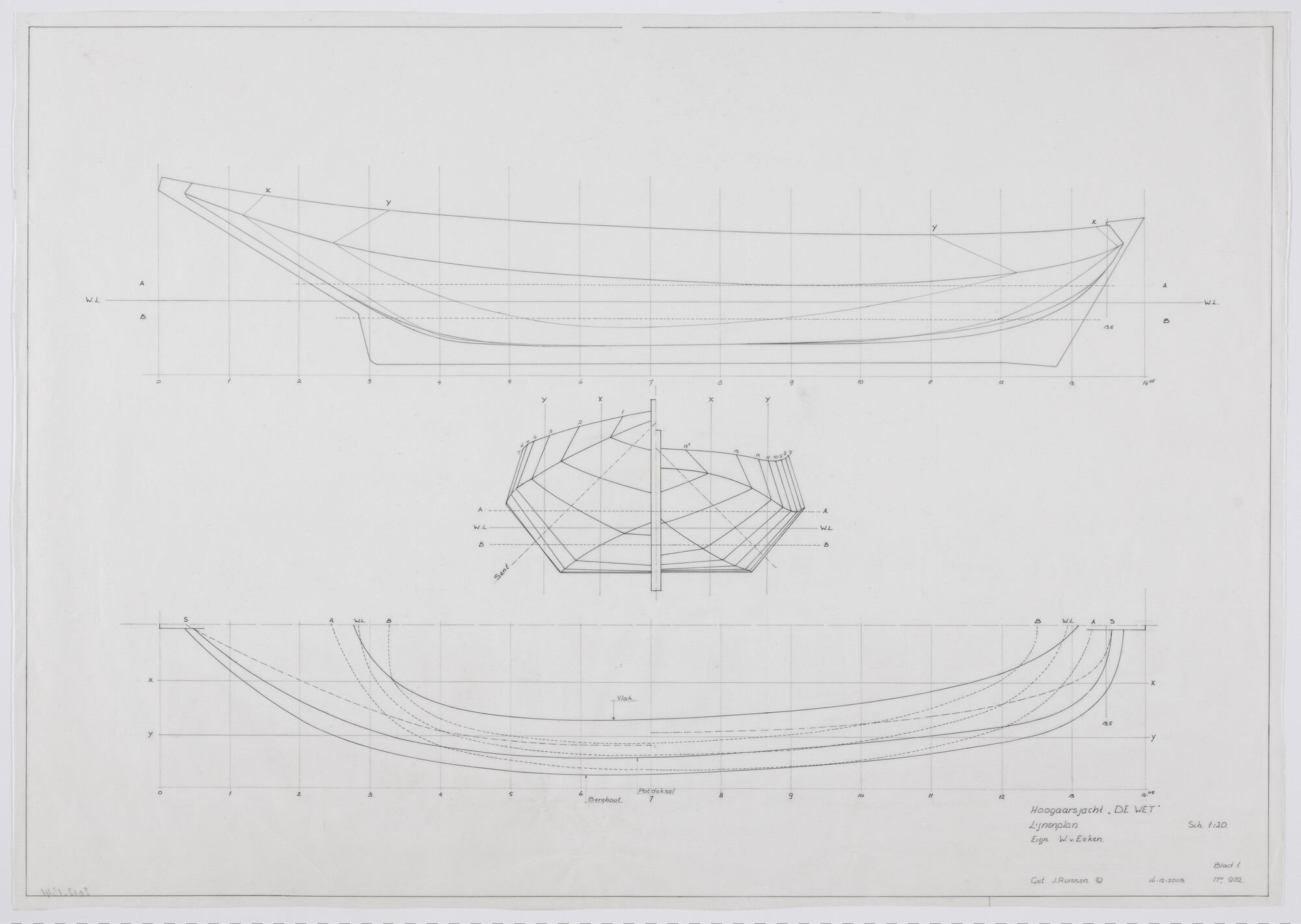2012.1341; Lijnenplan van het hoogaarsjacht 'De Wet' van 14.05 meter; technische tekening