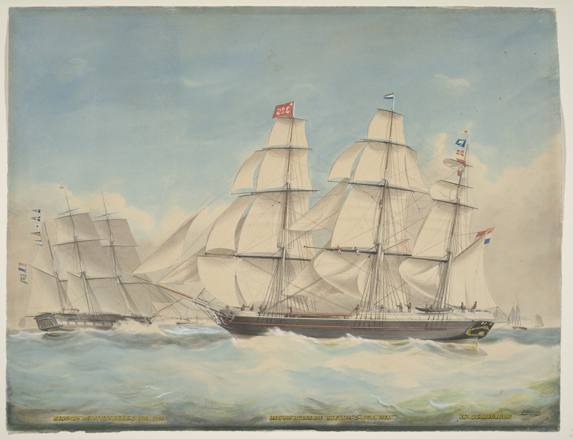 A.5420(02); Het fregatschip Nieuw Holland en het barkschip Kolonel Koopman in Het Kanaal; tekening