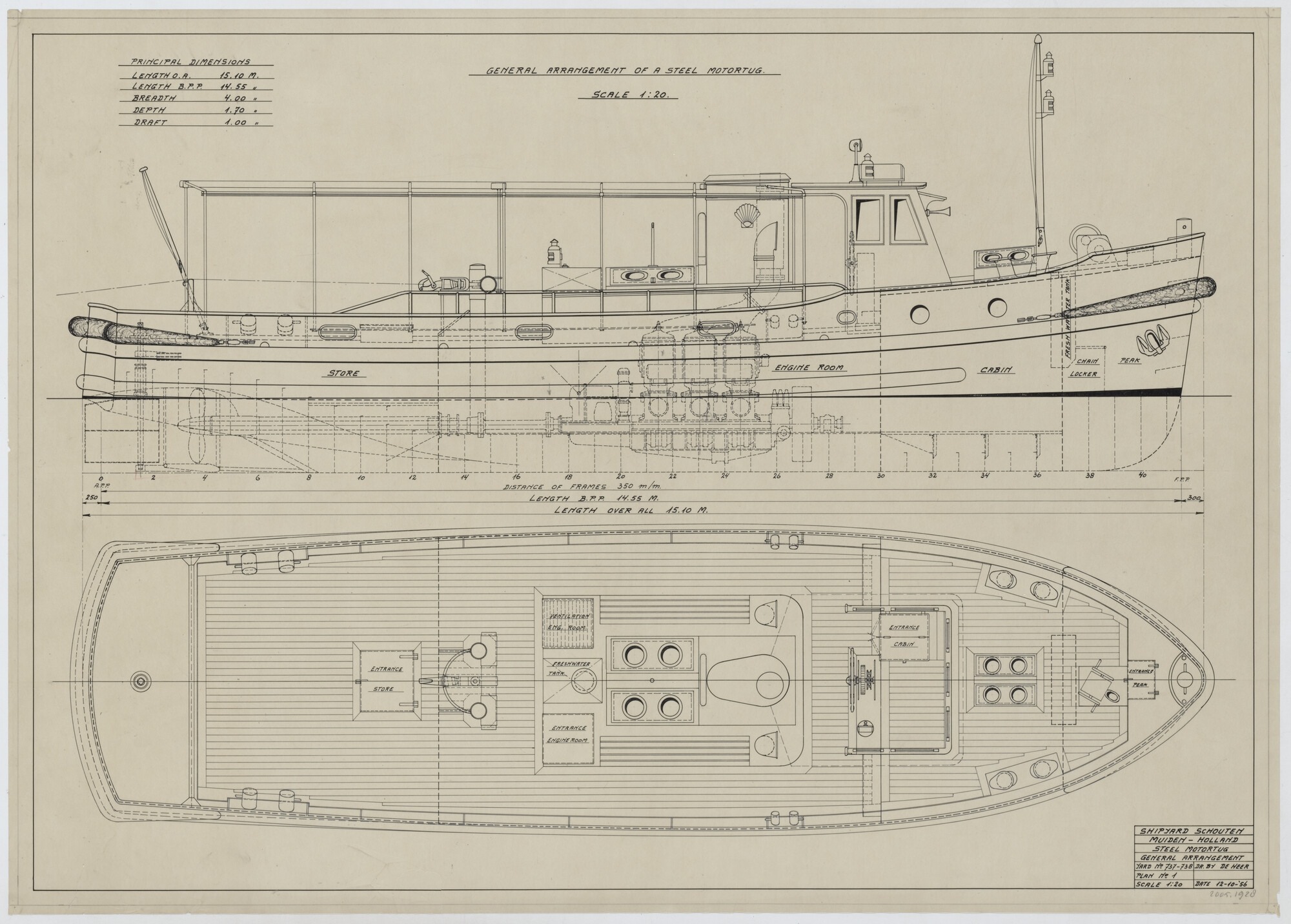 2005.1928; Algemeen plan van een motorsleepboot; technische tekening