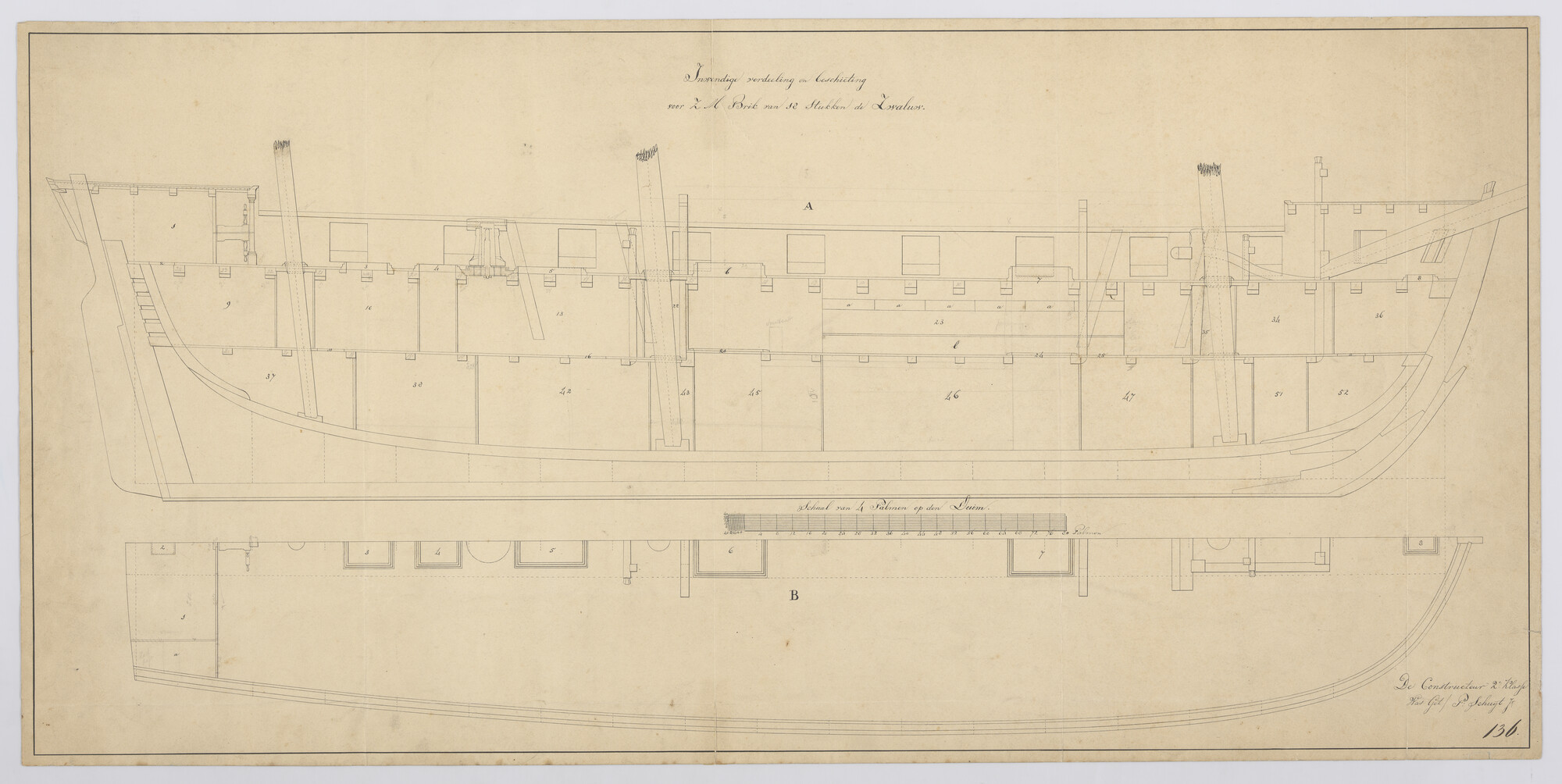 S.1214(0198); Indelingsplan van de brik Zr.Ms. 'Zwaluw'; technische tekening