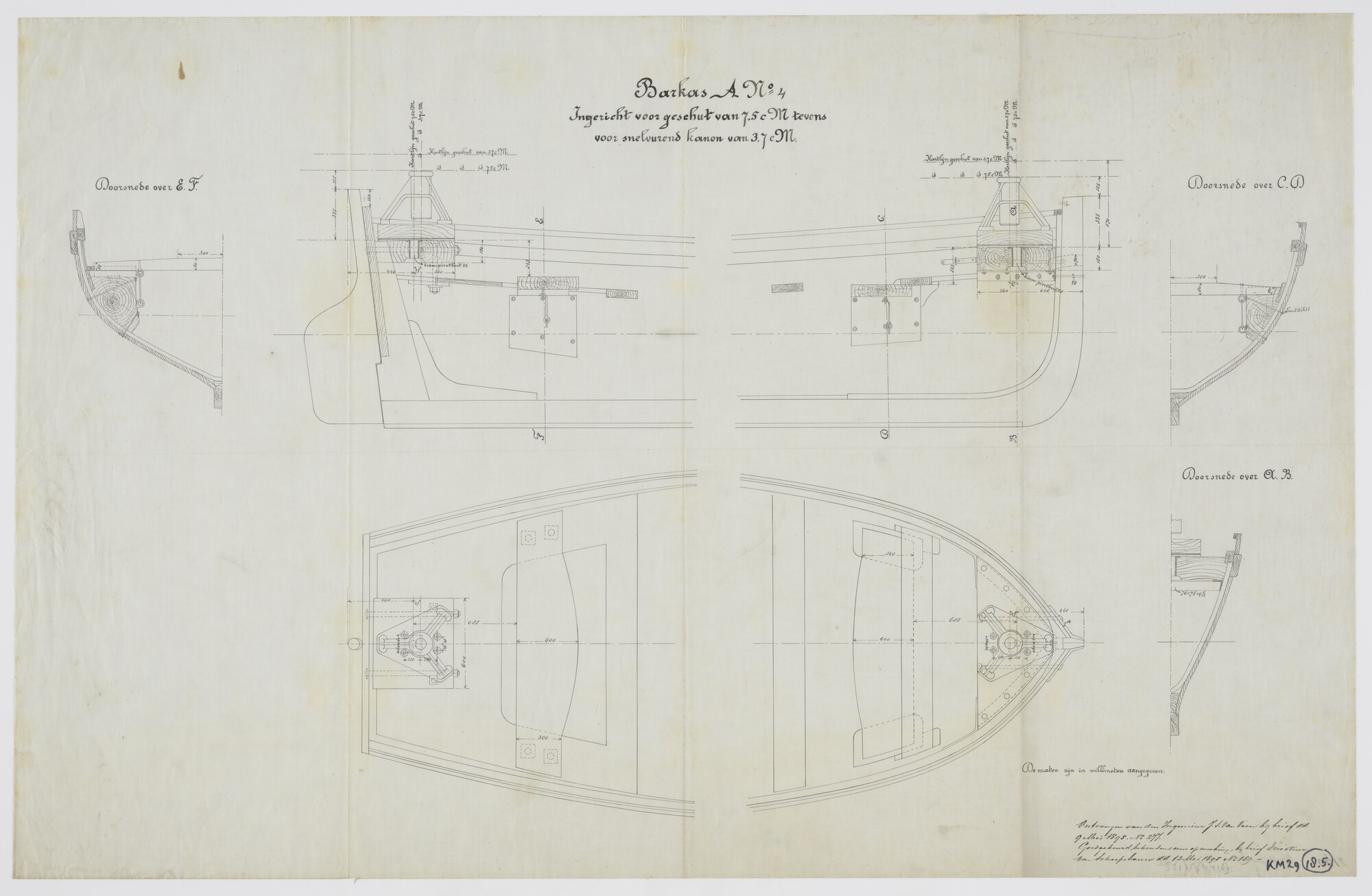 S.2175(4416); Sloepsgeschut van een barkas A4; technische tekening