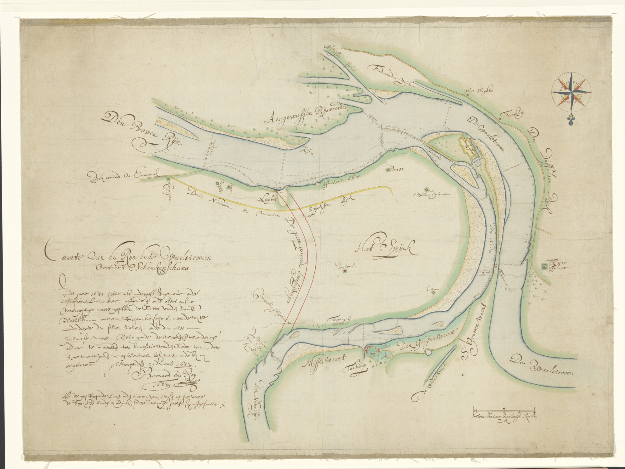 A.0145(205); Gekleurde handschriftkaart van het samenstromen van Rijn en Waal nabij de Schenkenschans; handschriftkaart