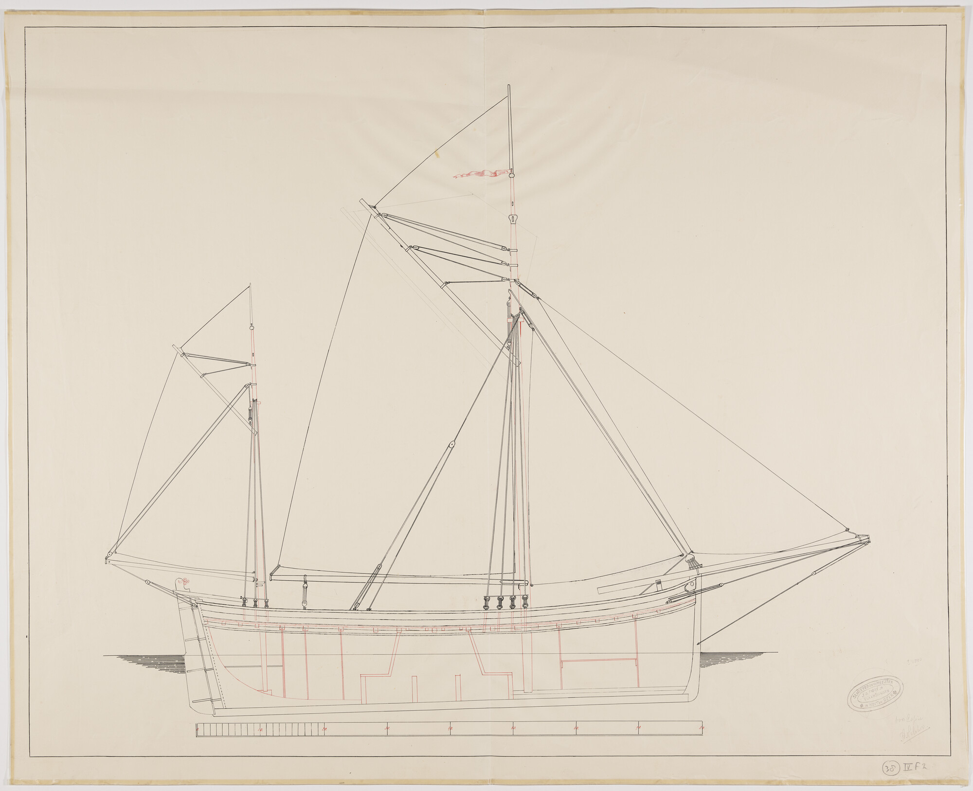 S.0563(01); Zijaanzicht en Zeilplan van een vissloep, omstreeks 1880; technische tekening
