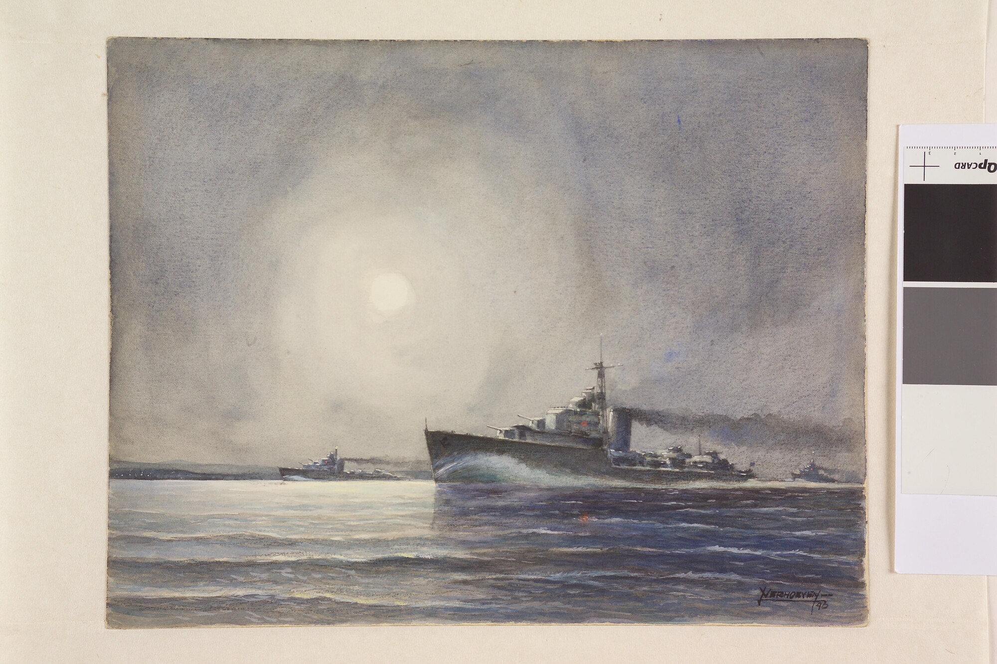 S.7217(05); Drie torpedojagers [Engels type] op patrouille in de nacht; tekening