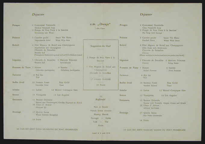 1998.2426; Menukaart voor een lunch aan boord van  ms. 'Oranje' van de SMN; menukaart