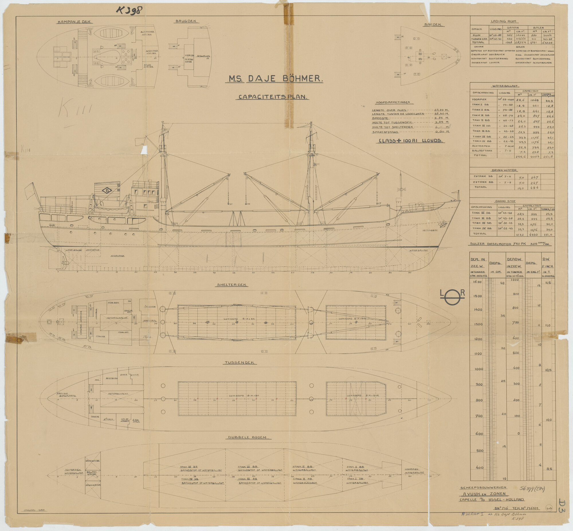 S.6879(284); Capaciteitsplan van de coaster ms. 'Daje Böhmer'; technische tekening