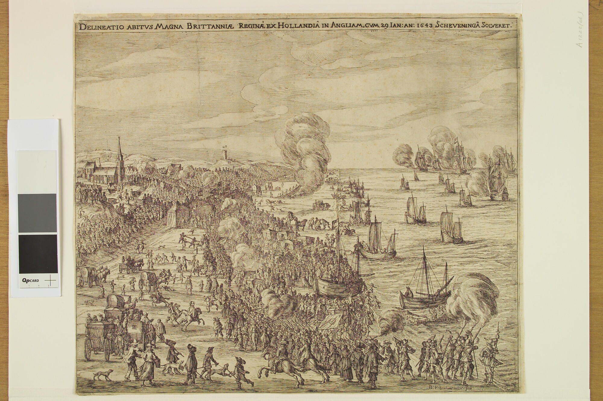 A.1222(06); Vertrek van HM Henriëtte Maria uit Scheveningen naar Engeland, 1643; prent