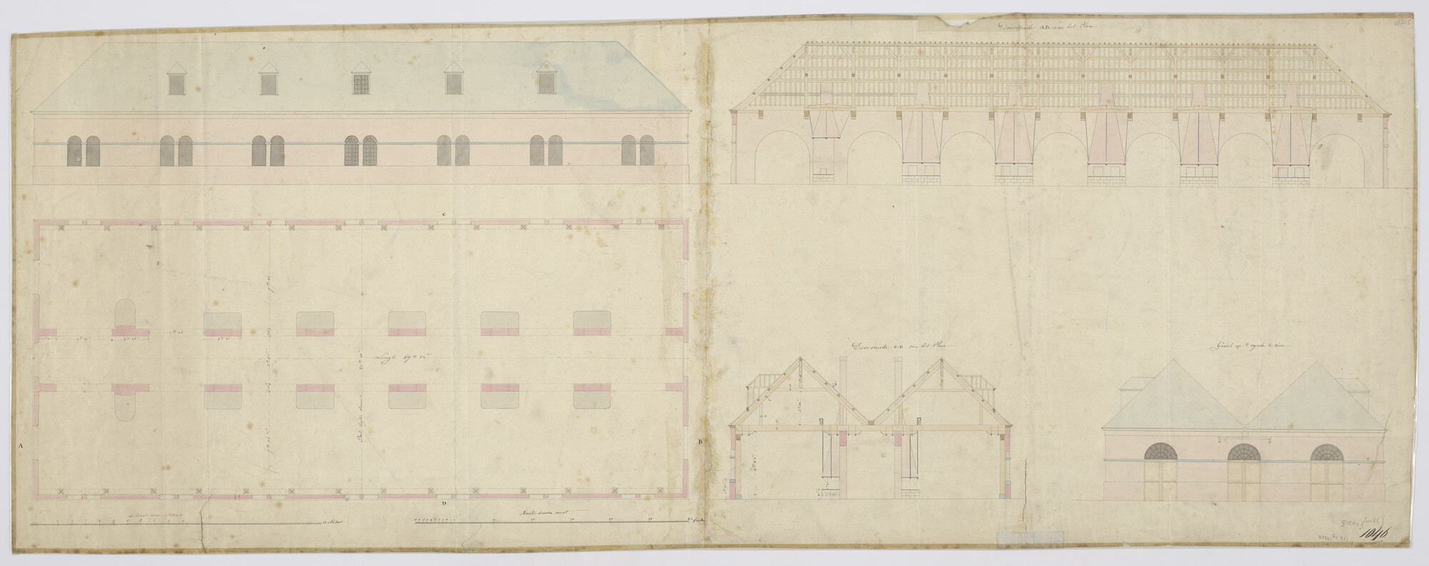 S.1214(0066); Vooraanzicht, zijaanzicht, langs- en dwarsdoorsnede en indelingstekening van een smederij (vermoedelijk Rijkswerf Den Helder); technische tekening