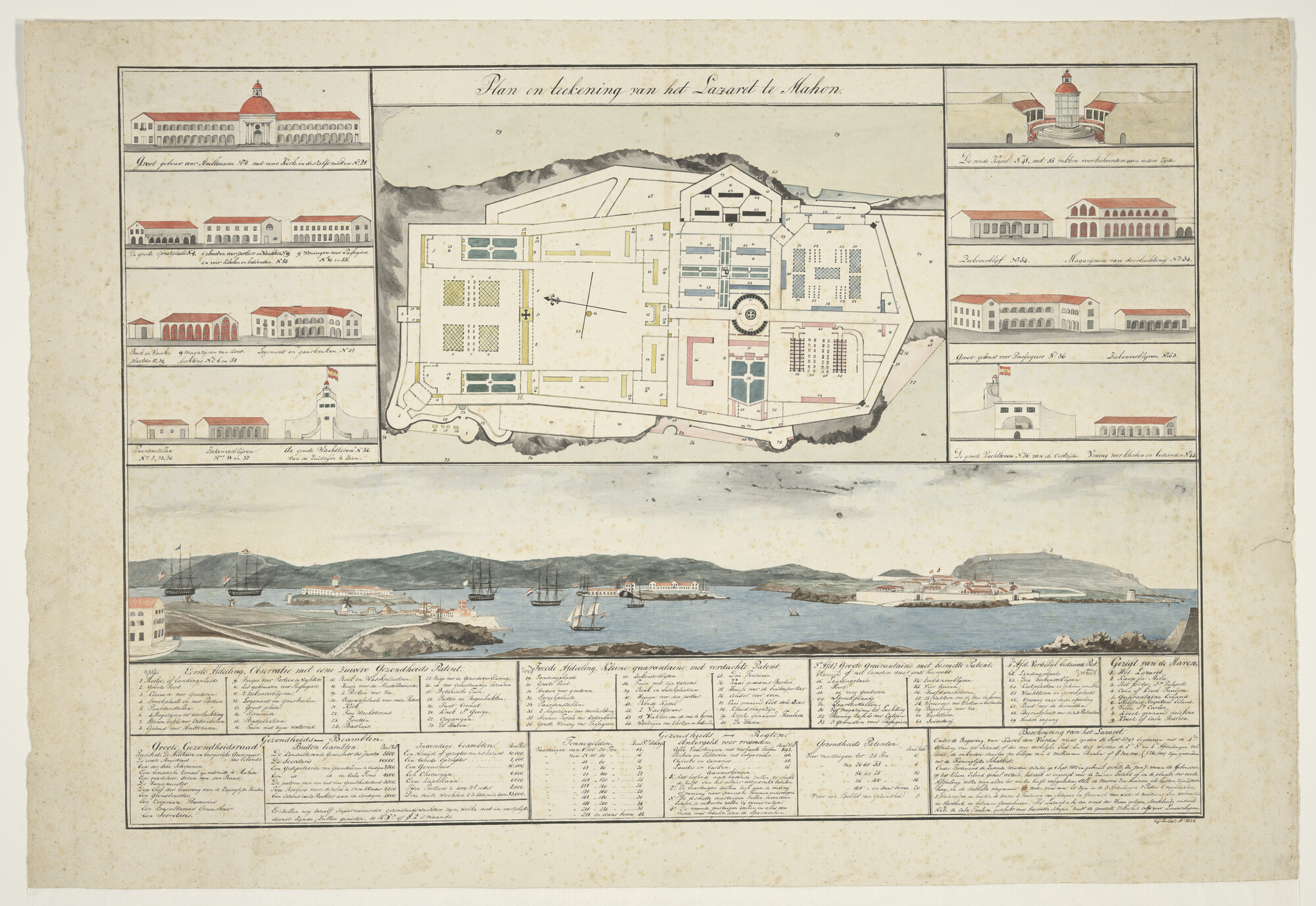 S.1277(01)28; Grondplan en opstand van het Lazaret te Port Mahon; tekening
