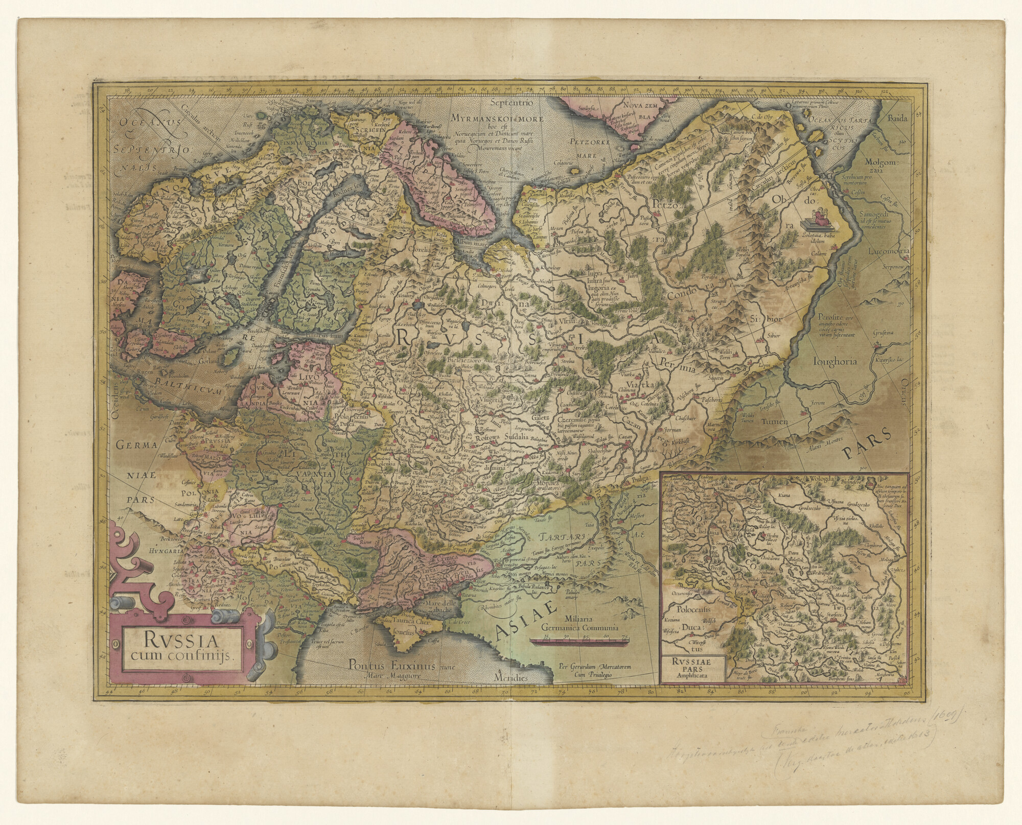 A.0145(211)023; Met de hand gekleurde kaart van Rusland uit Mercator-Hondius atlas van 1609; landkaart