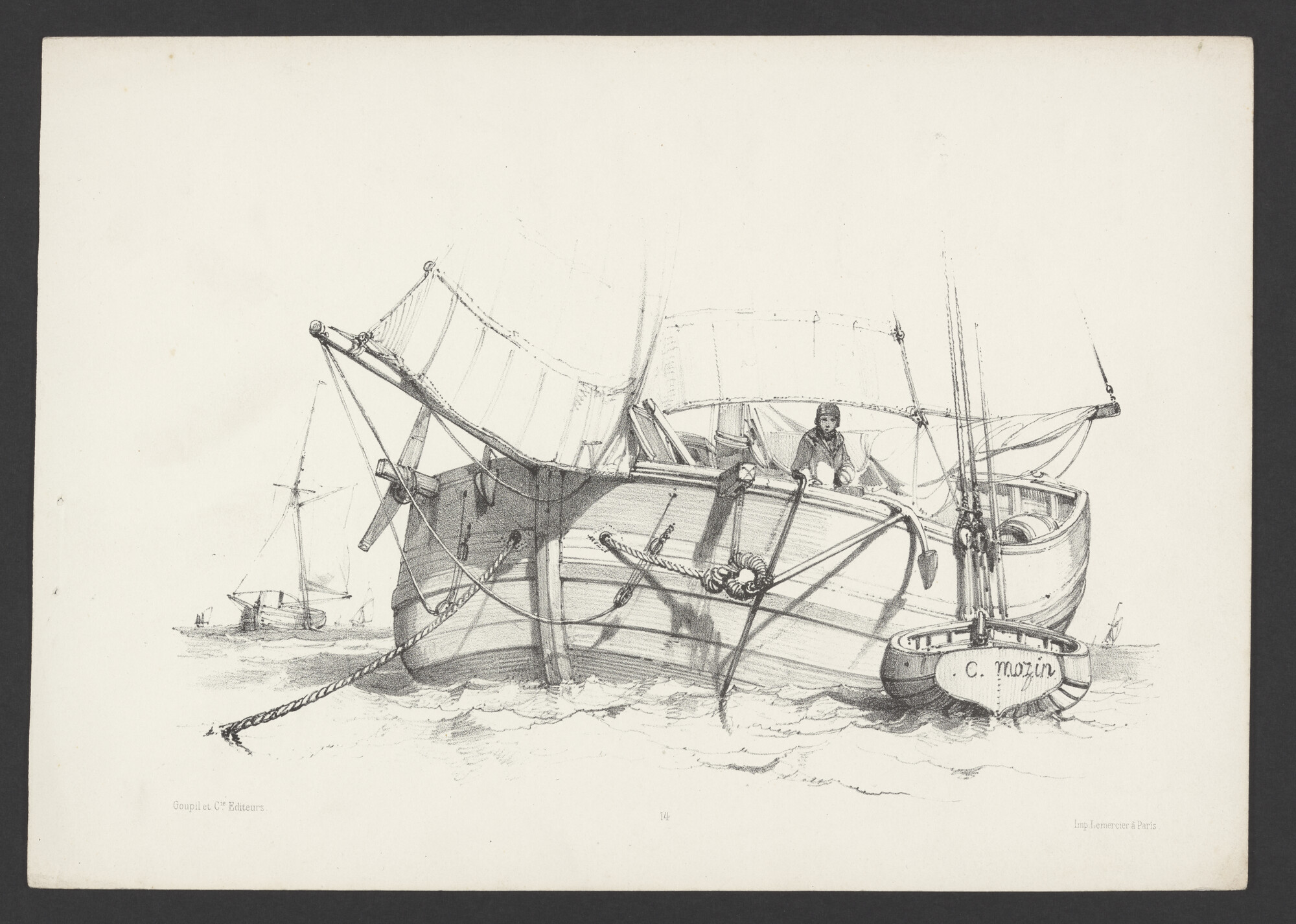 2023.0409; Prent van een voor anker liggend vissersschip met sloep; prent