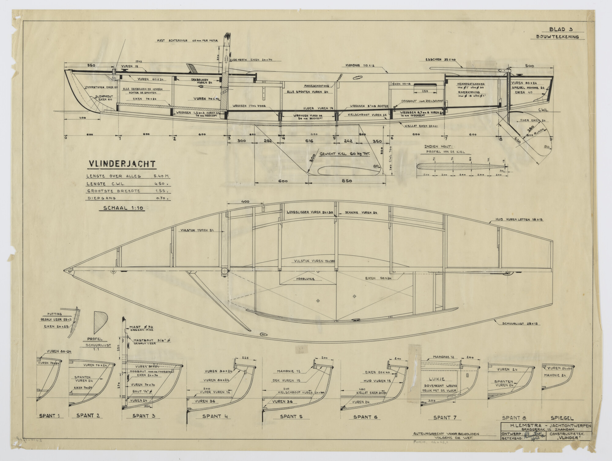 2010.1718; Constructieplan van het Vlinderjacht van 5.40 m; technische tekening