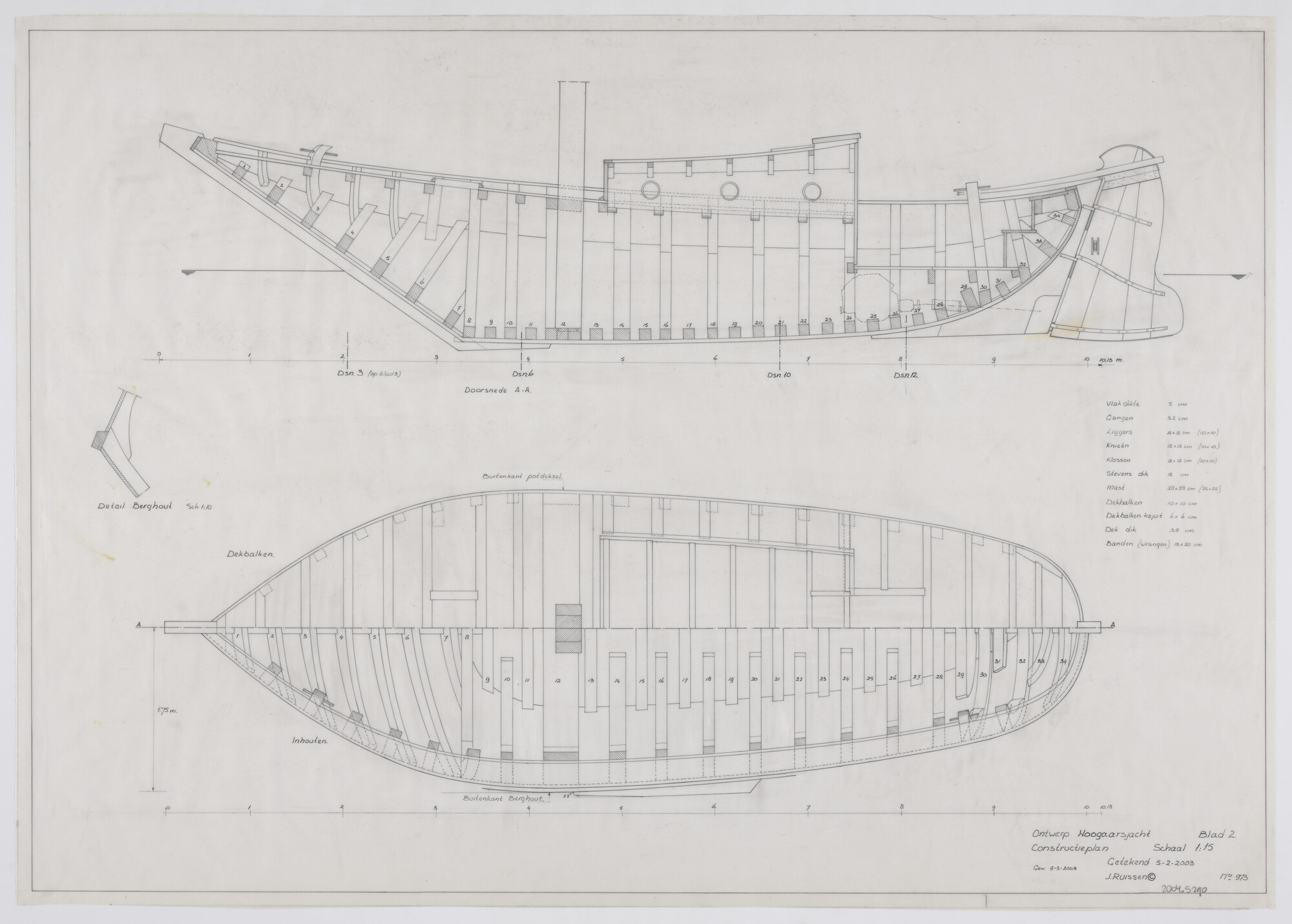 2004.5290; Constructieplan van een hoogaarsjacht; technische tekening