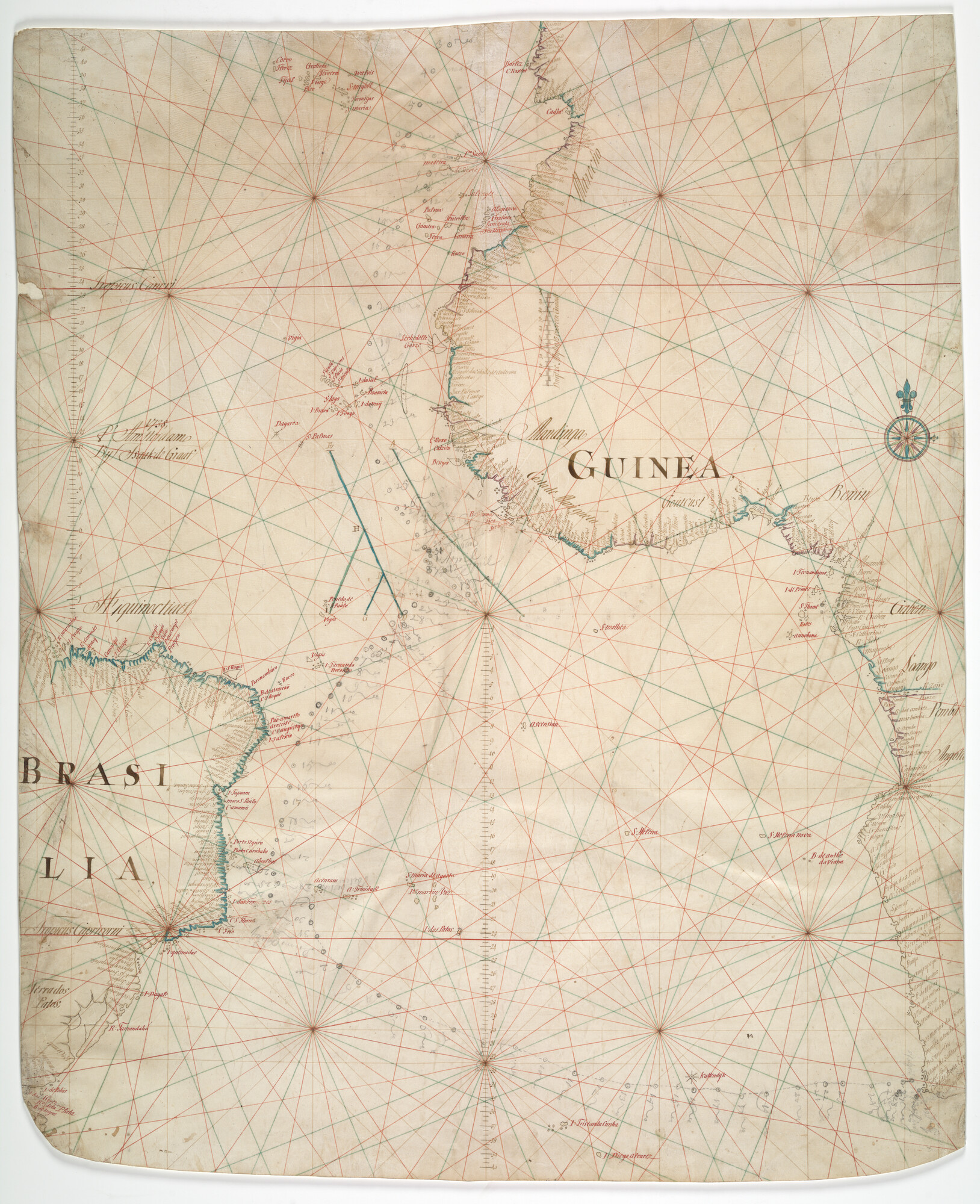 A.5713; Zeekaart door Isaak de Graaf, Amsterdam, 1738 van de Zuid-Atlantische Oceaan; perkamentkaart
