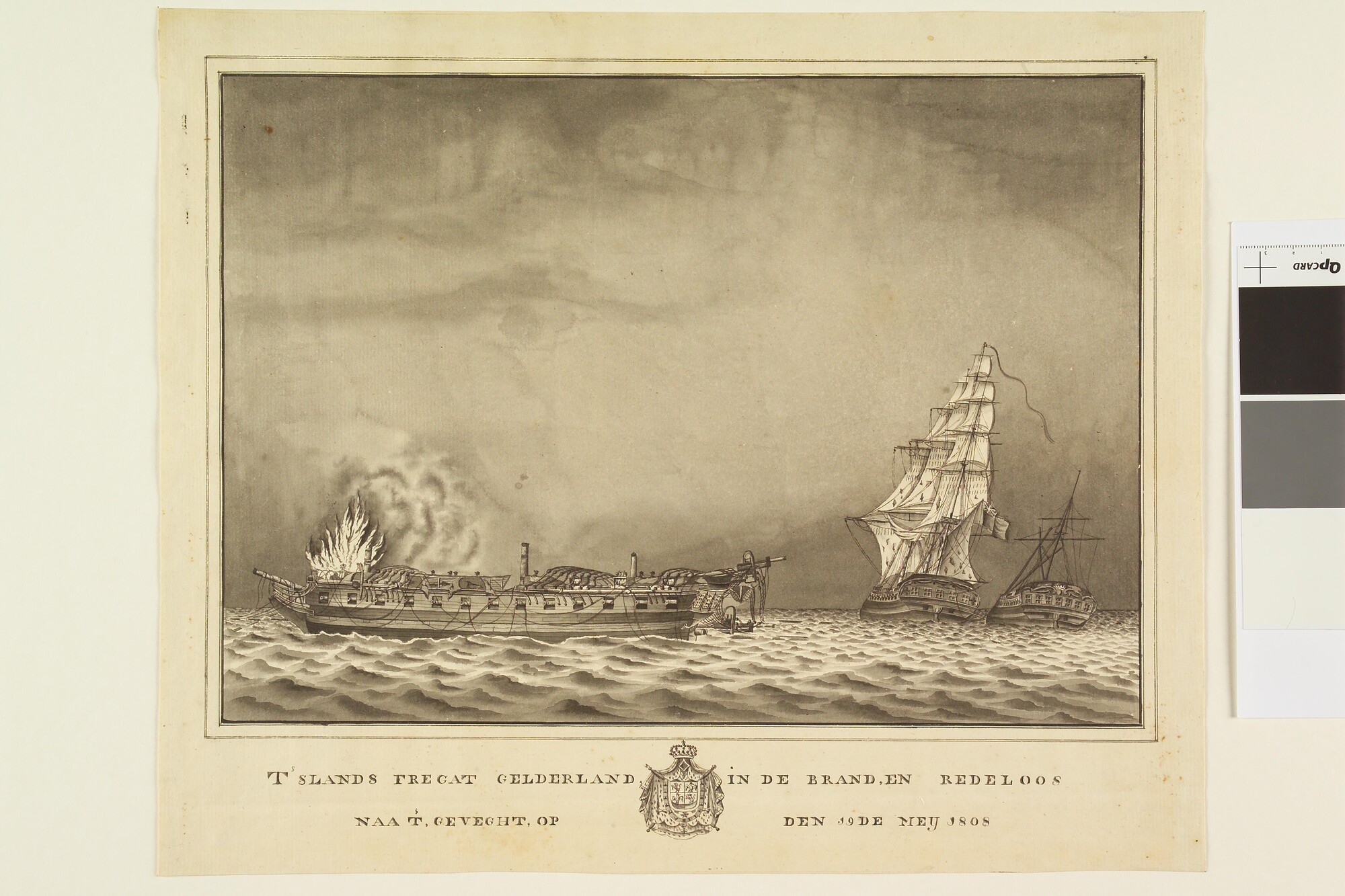 S.1603(40); Het oorlogsfregat 'Gelderland' in brand na het gevecht op 19 mei 1808; tekening
