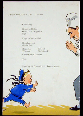 1993.1181; Menukaart voor de avondmaaltijd voor kinderen, maandag 23 februari 1959, toeristenklasse; menukaart