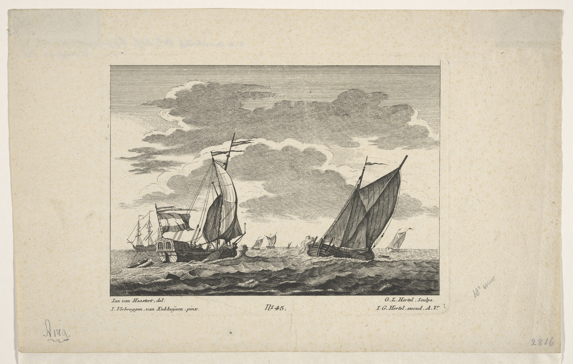 A.0149(0583); Gezicht op een rede met op de voorgrond een statenjacht; prent