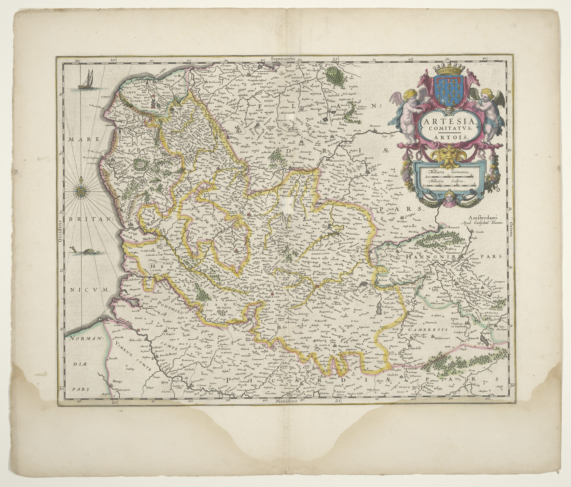 B.0216(0272); Met de hand gekleurde kaart van het graafschap Artois; landkaart