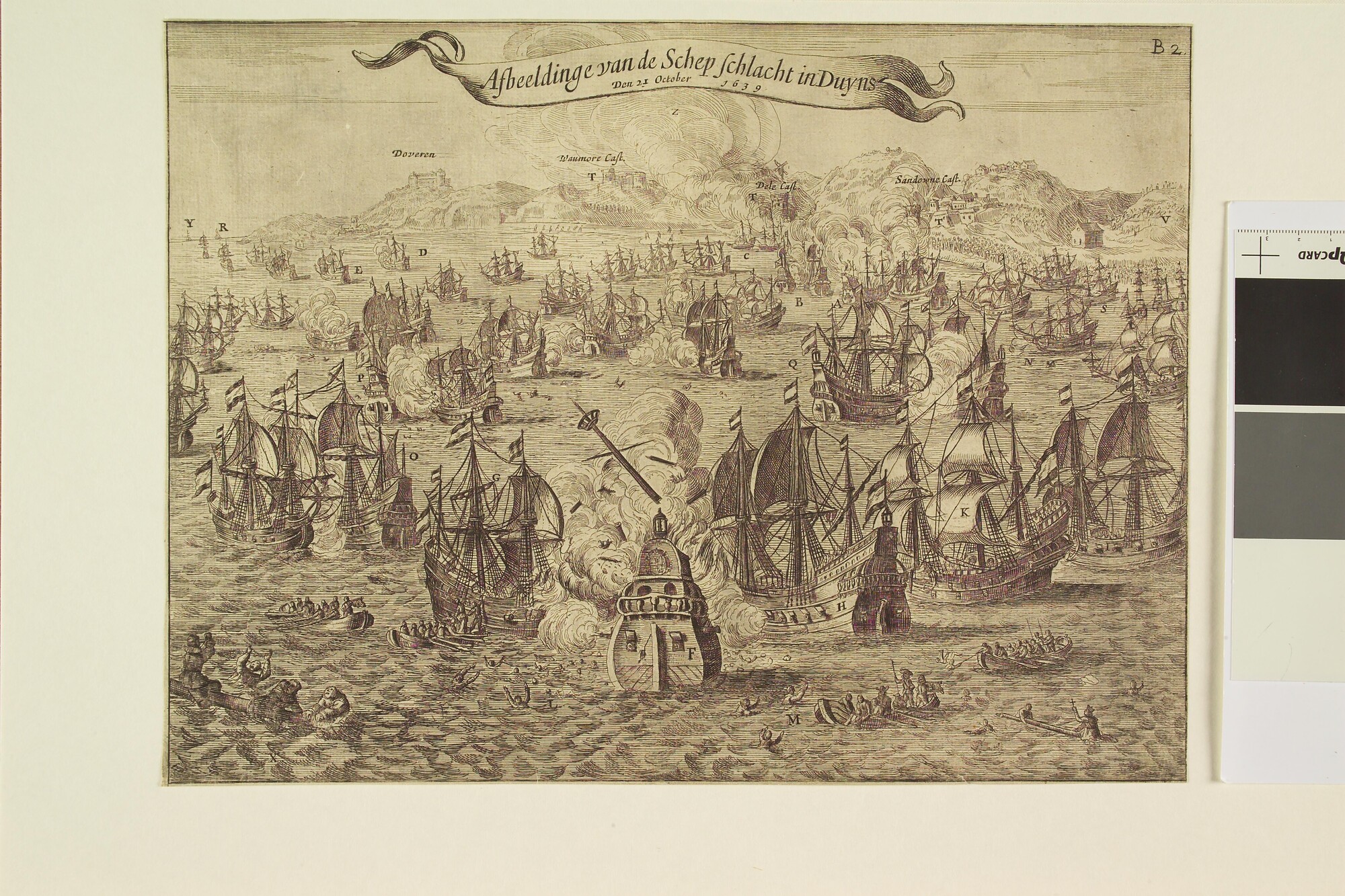 A.0145(027)432; De zeeslag bij Duins, 21 oktober 1639; op de achtergrond de Engelse kust; prent