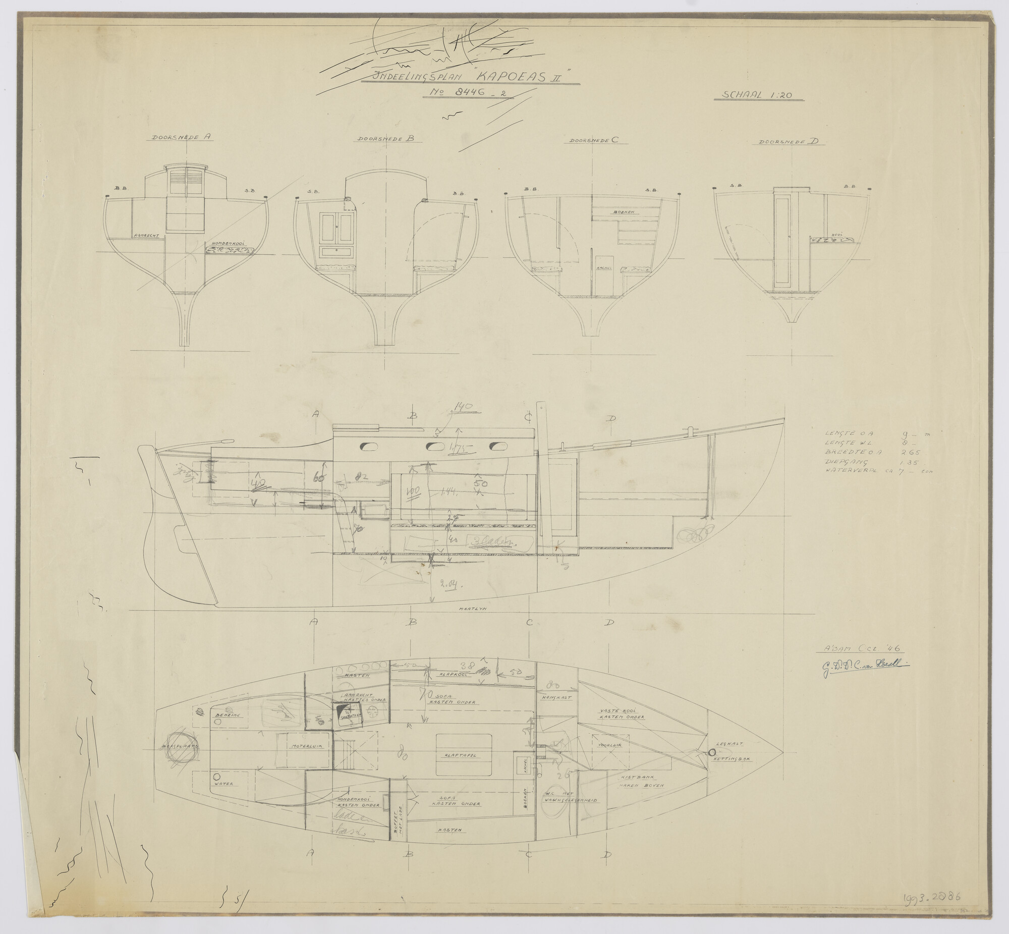 1993.2886; Indelingsplan zeiljacht 'Kapoeas II'; technische tekening