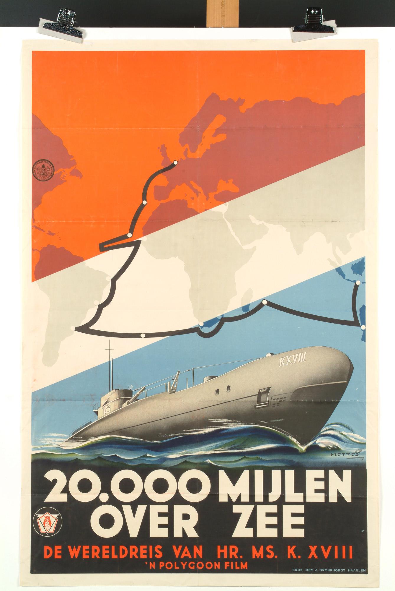 S.5825(03); Aankondiging van de film over de wereldreis van Hr.Ms. onderzeeboot K XVIII; affiche