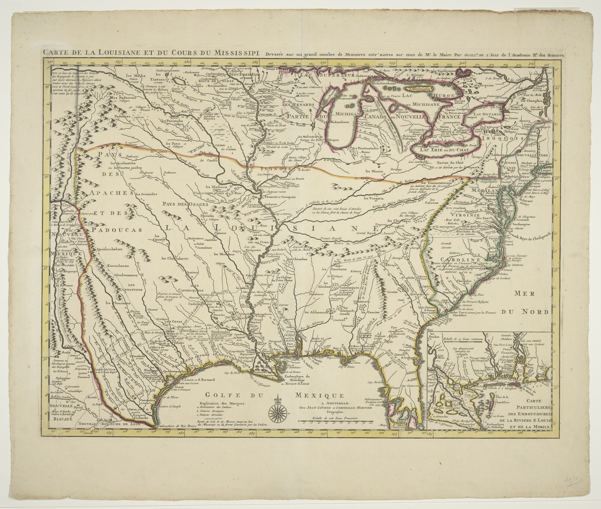 A.0145(211)140; Met de hand gekleurde kaart van Louisiana in Amerika, naar Guillaume De l'Isle (1675 - 1726) & F. Le Maire; landkaart