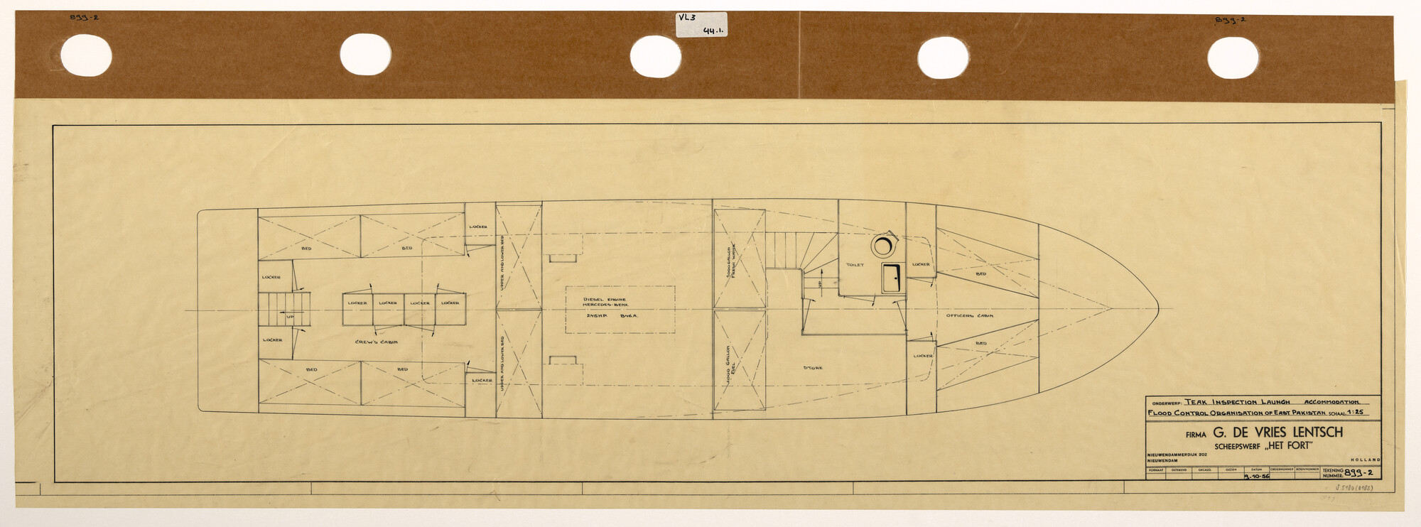 S.5180(0183); Indelingsplan van een houten inspectievaartuig; technische tekening
