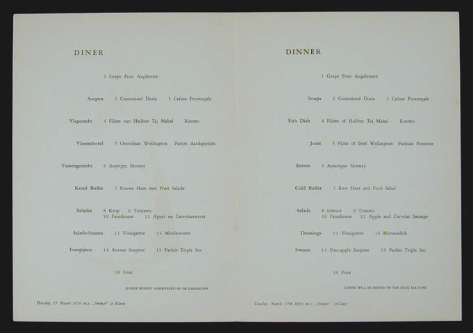 1994.6730; Menukaart voor een diner aan boord van ms. 'Oranje' van de SMN, 27 maart 1956; menukaart