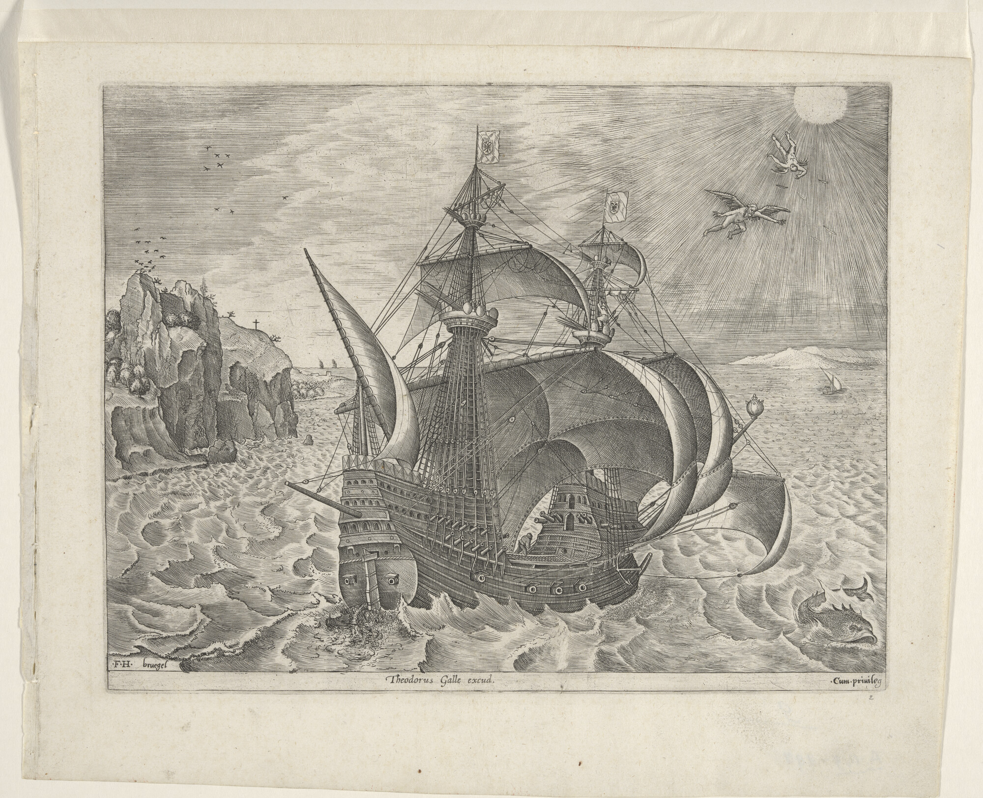 A.0149(0190); Een oorlogsschip dat naar rechts zeilt en de val van Icarus; prent
